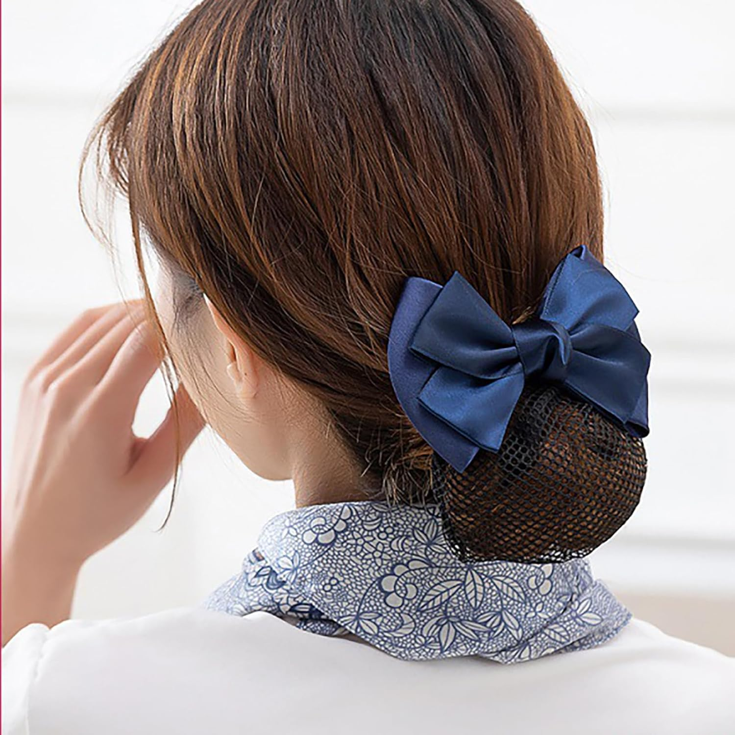 Pack of 2 Hair Bun Bowknot Hair Clip Hair Net Bun Bowknot Hair Net Elastic Mesh Hair Clip Bun Cover Bow Hair Net for Nurse Bench Worker Air Stewardess image number 4