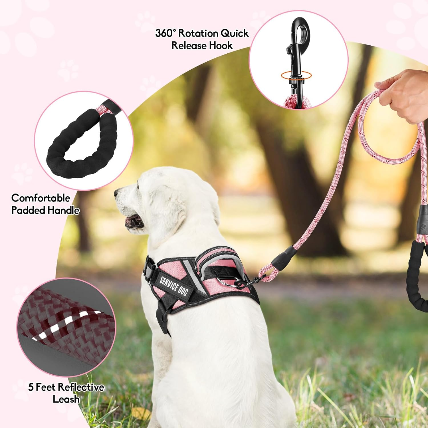 Service Dog Vest Harness and Leash Set, Animire in Training Dog Harness with 9 Dog Patches, Reflective Dog Leash with Soft Padded Handle for Small, Medium, Large, and Extra-Large Dogs (RED,XL) Pink image number 4