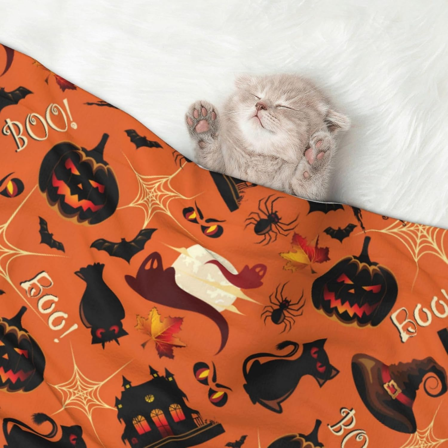 Plush Pet Blanket Pumpkins Moon Ghost Halloween 3D Paw Print Design Soft Fluffy Blankets Throw for Dog Puppy Cat Kitten Pets Gifts Medium image number 3