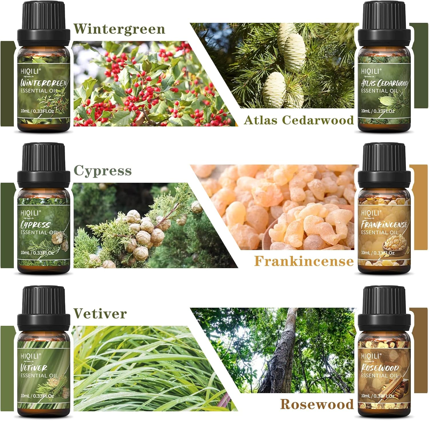 HIQILI Woodsy Essential Oil Set 6X10Ml,100% Pure for Diffuser Aromatherapy, Perfume Making Massage Oil Skin Beauty Care,Cedarwood, Wintergreen, Frankincense, Vetiver, Rosewood, Cypress image number 3