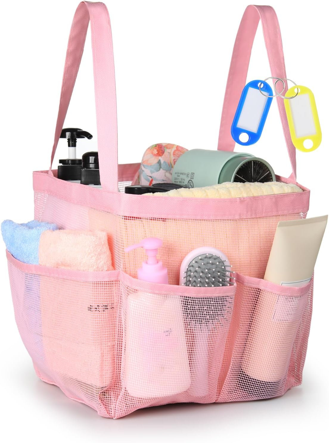 Temede Mesh Shower Caddy Tote, Large Shower Caddy Basket Portable, Quick Dry Hanging Toiletry Bag, 8 Storage Pocket Bath Organizer for College Dorm, Gym, Camp, Travel (Pink) - Blue image number 4