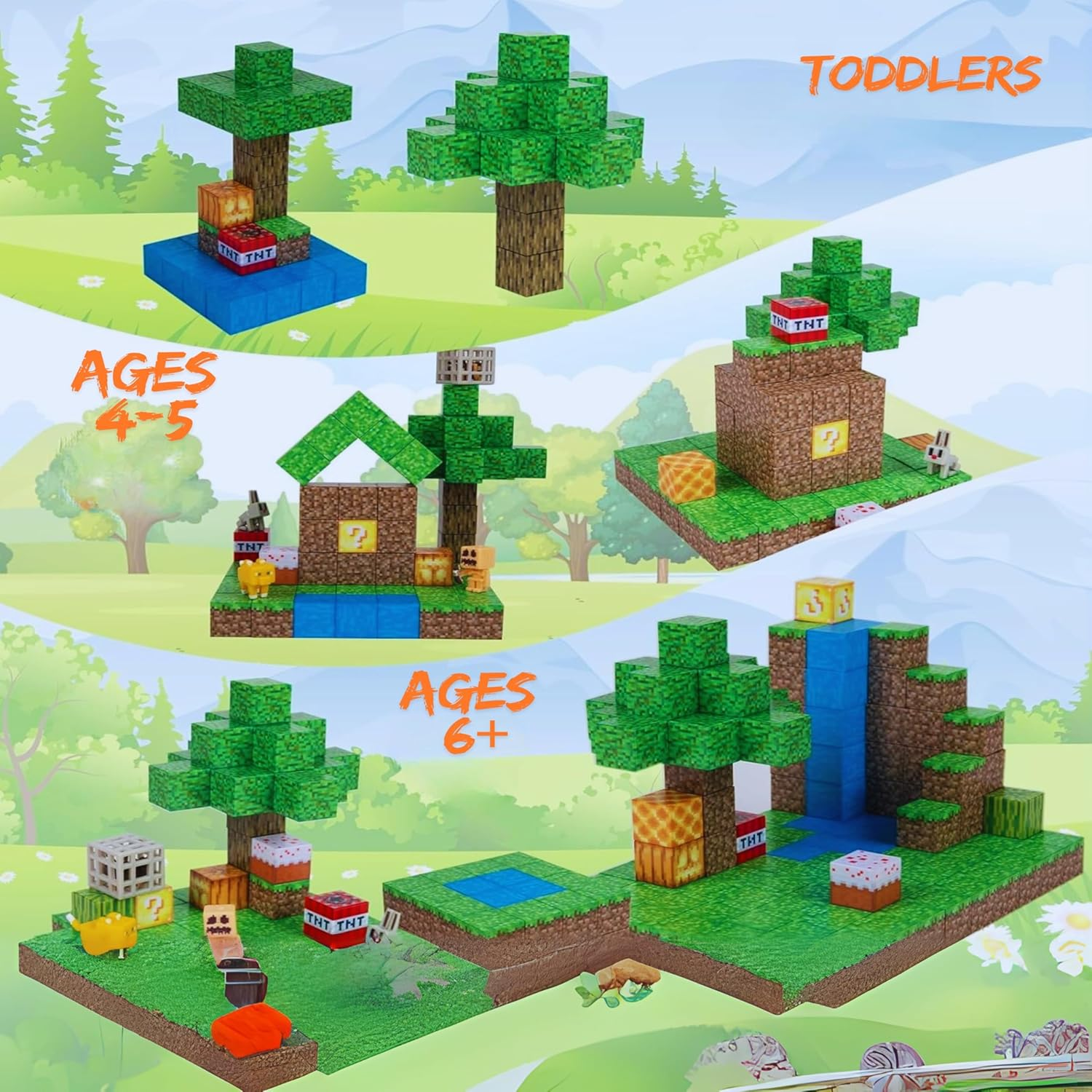 Magnetic Blocks, 128Pcs Building Blocks with 4 Figures, Premium Magnetic Tiles, Build Mine Magnet Cubes, Stem Construction Sensory Toys, Montessori Toys for Toddlers Gifts for Boys & Girls Ages 3+ image number 4