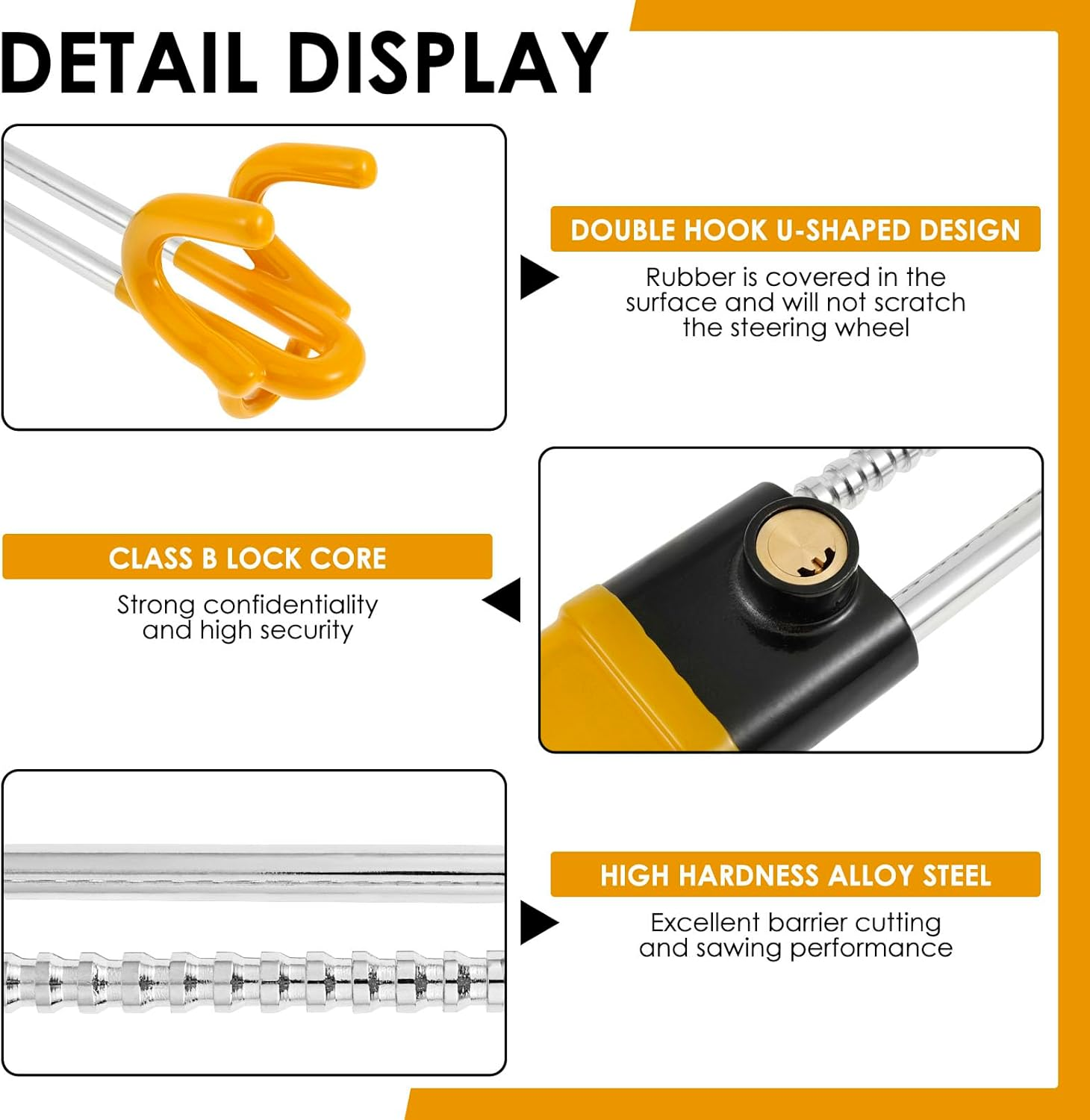 Steering Wheel Lock Anti-Theft Heavy Duty Car Device with 2 Keys Universal Car Steering Wheel Lock with Double Hooks Design Adjustable Length for Cars Trucks Vans and Suvs(Yellow, 1Pc) image number 4