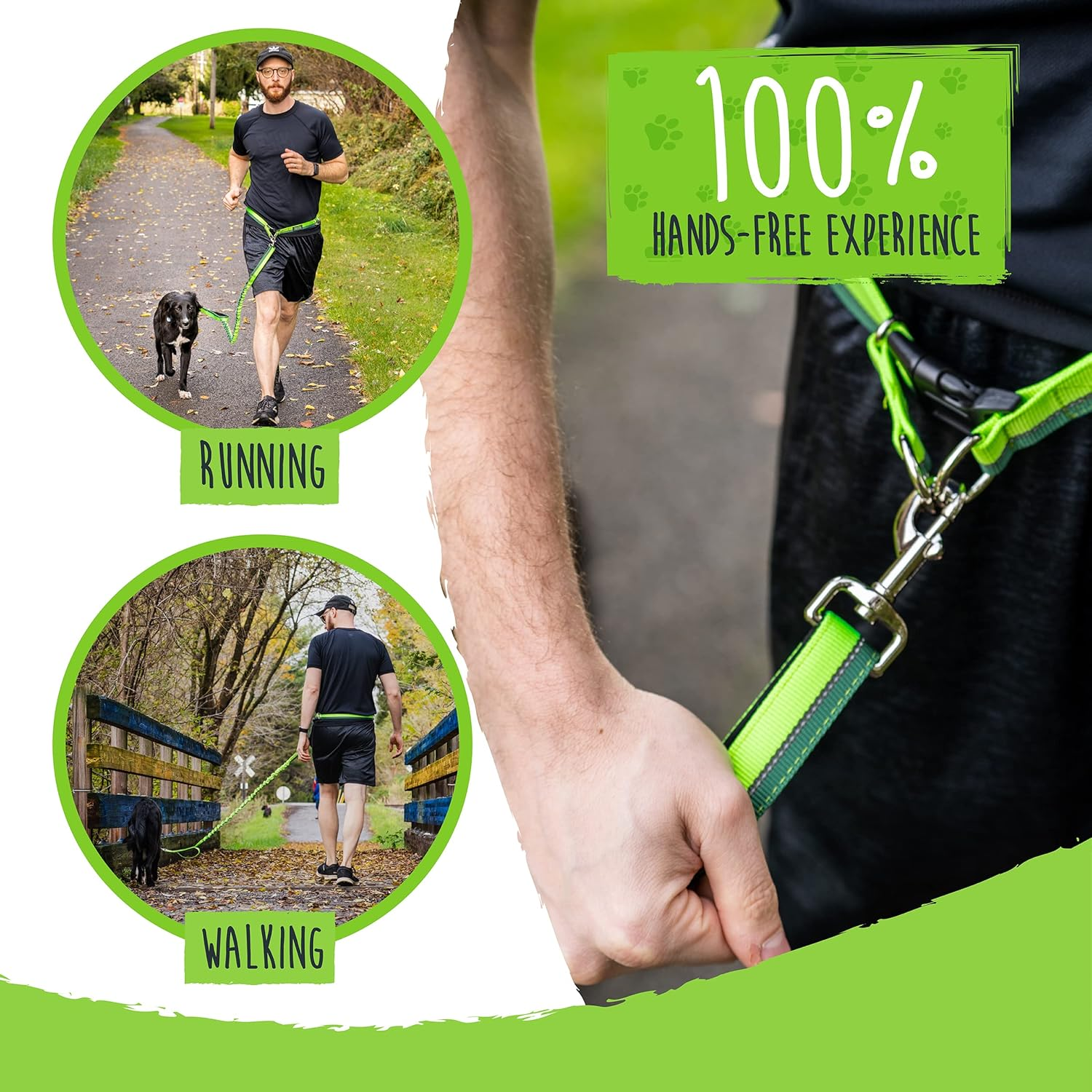 Mighty Paw Hands Free Bungee Leash 2.0 | 4&rsquo; Dog Lead W/Dual Padded Traffic Handles for Running, Hiking & Jogging. Wearable Belt (27-48&rdquo; Waistband) W/ 2 Attachment Loops. Pets up to 150Lb (Green) image number 4