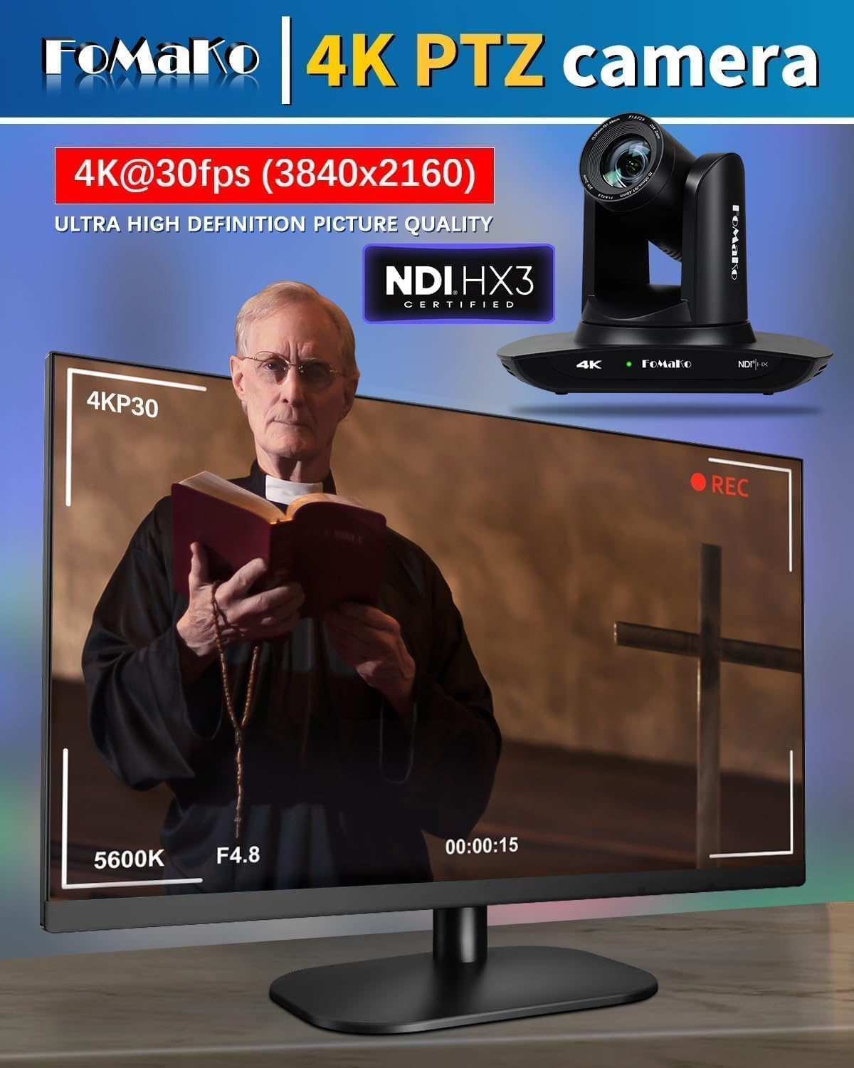 Fomako 4K PTZ Camera NDI HX3 AI Auto-Tracking, 20X Optical Zoom, NDI PTZ Camera 4K for Church Worship, Education, Live Events, Youtube OBS Live Streaming, NDI License Included, K20UH NDI Version image number 5