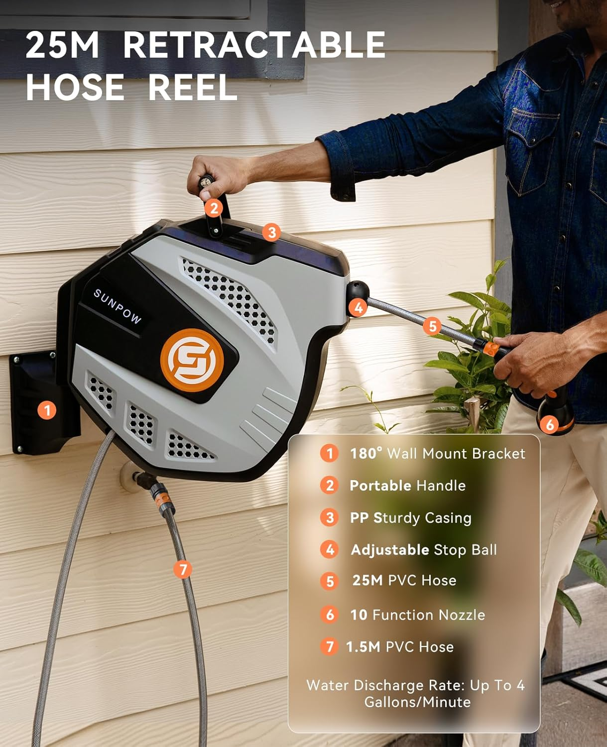 SUNPOW Retractable Garden Hose Reel - 25M Wall Mounted Hose Reel, 10 Function Sprayer Nozzle - Any Length Lock, Auto Rewind System, 180&deg;Swivel Bracket- Grey image number 5