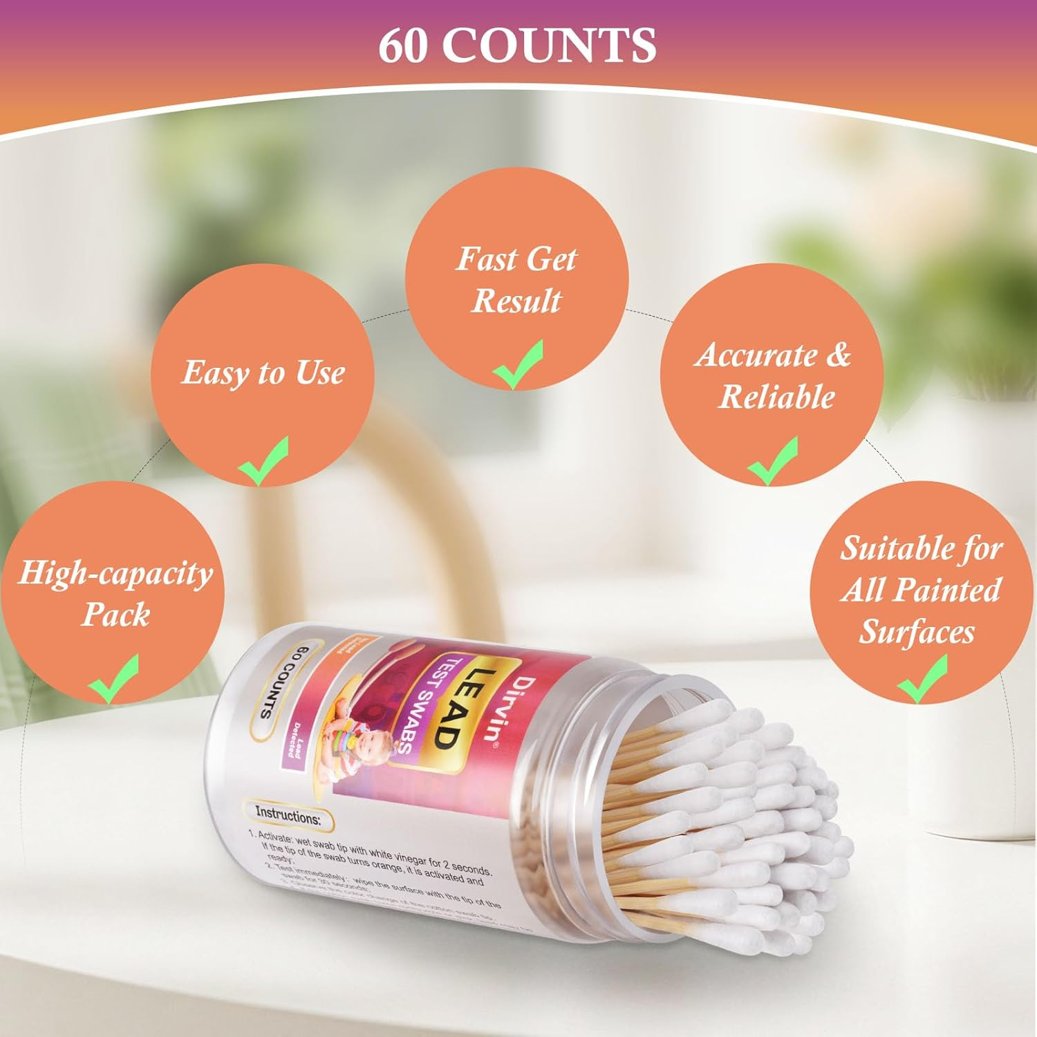 Dirvin Lead Test Kit, 30-Second Instant Results, Home Use Lead Paint Test Kit Suitable for All Painted Surfaces-Metal, Jewelry, Toys, Dishes, Ceramics, Wood (60 Pcs) image number 3