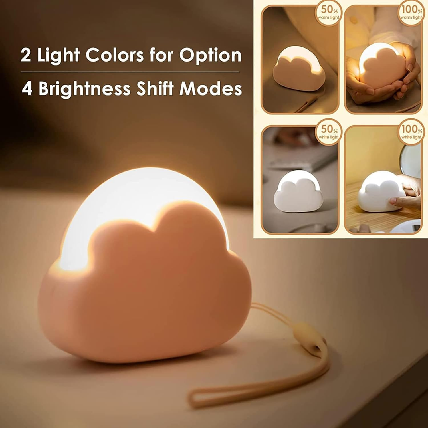 LED Cloud Night Light, Mini Bedside Lamp, Children Bedroom Night Lights, Portable Night Light, 4 Working Modes, with USB Cable, with Wrist Strap(Pink) image number 1