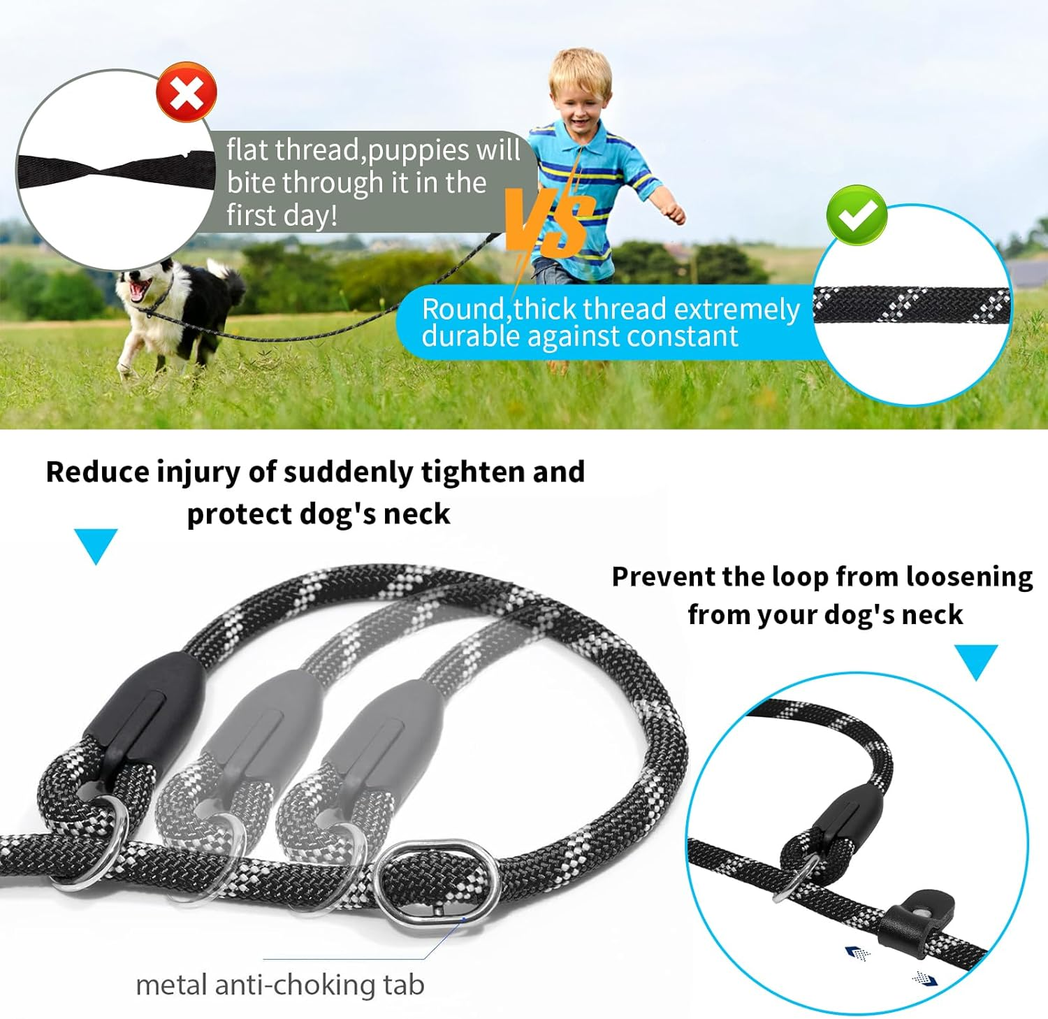 1.2M Non-Slip Lead Dog Leashes with Comfortable Padded Handle, Anti-Choking Rope Dog Non-Slip Leash, Reflective Strong Sturdy Heavy Duty Rope Leash, Dog Training Leash for Medium Large Dogs (Black) image number 3