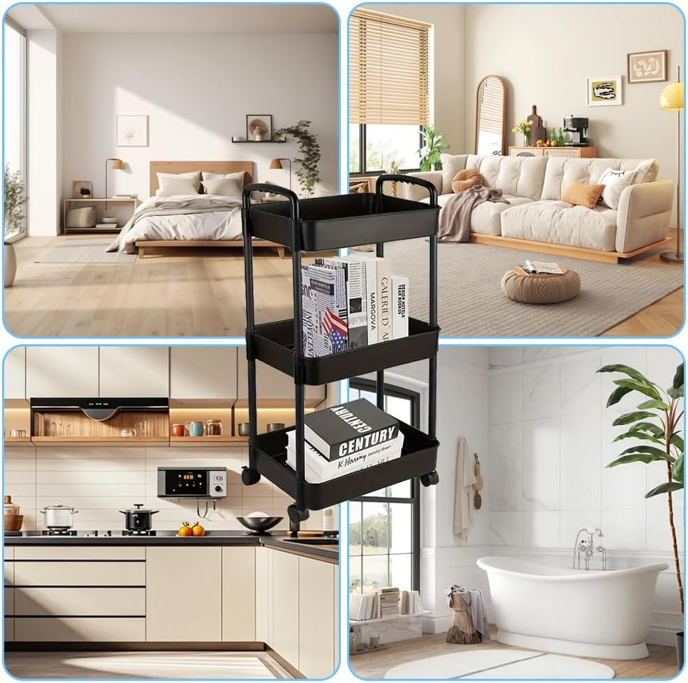 Storage Rolling Cart, 3-Tier Snack Organiser Trolley, Rolling Shelf with Wheels & Hooks,Movable Storage Organizer for Home Kitchen Organization (Black image number 5