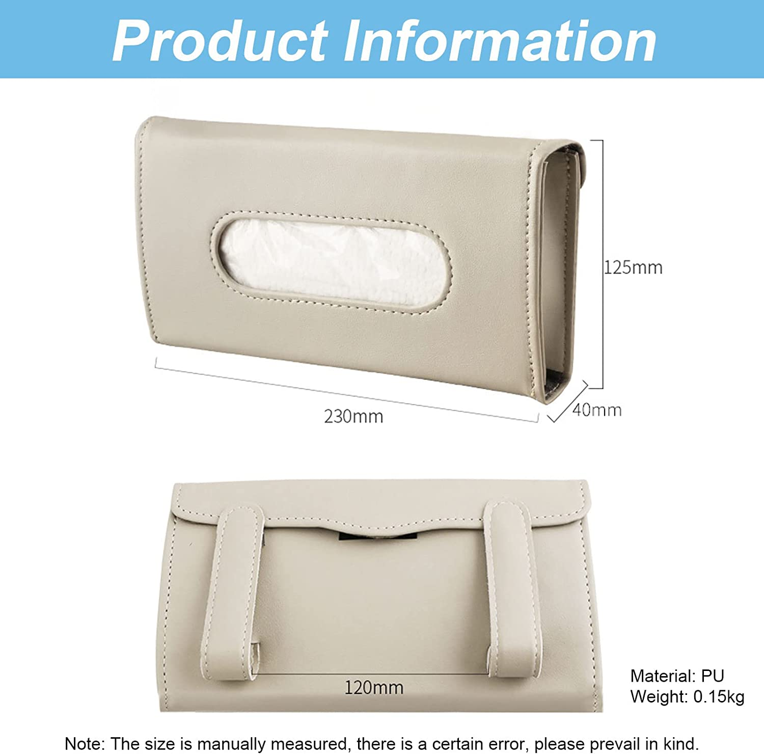 Car Tissue Holder - Multipurpose Car Visor Tissue Holder Leather Hanging Paper Towel Holder Fashion Car Sunshade Napkin Holder Durable Car Accessories Easy Install Suitable for Most Cars(1 Black+1 Beige) image number 2