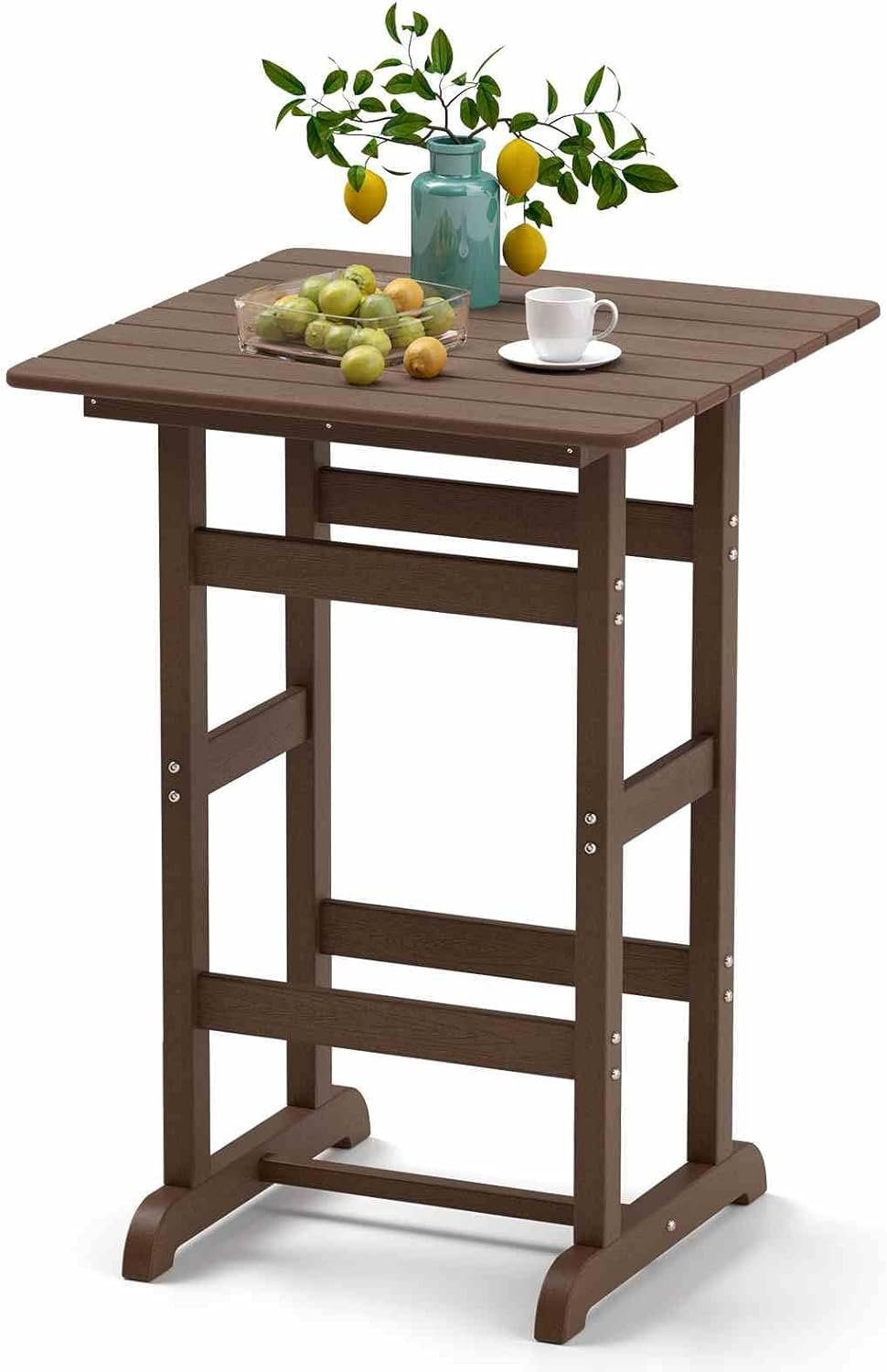 Costway 76Cm X 76Cm Square Bar Table, Patio HDPE Bar Height Dining Table W/Slatted Tabletop, Outdoor All-Weather High-Top Bistro Table for Poolside, Backyard, Balcony (Gray)