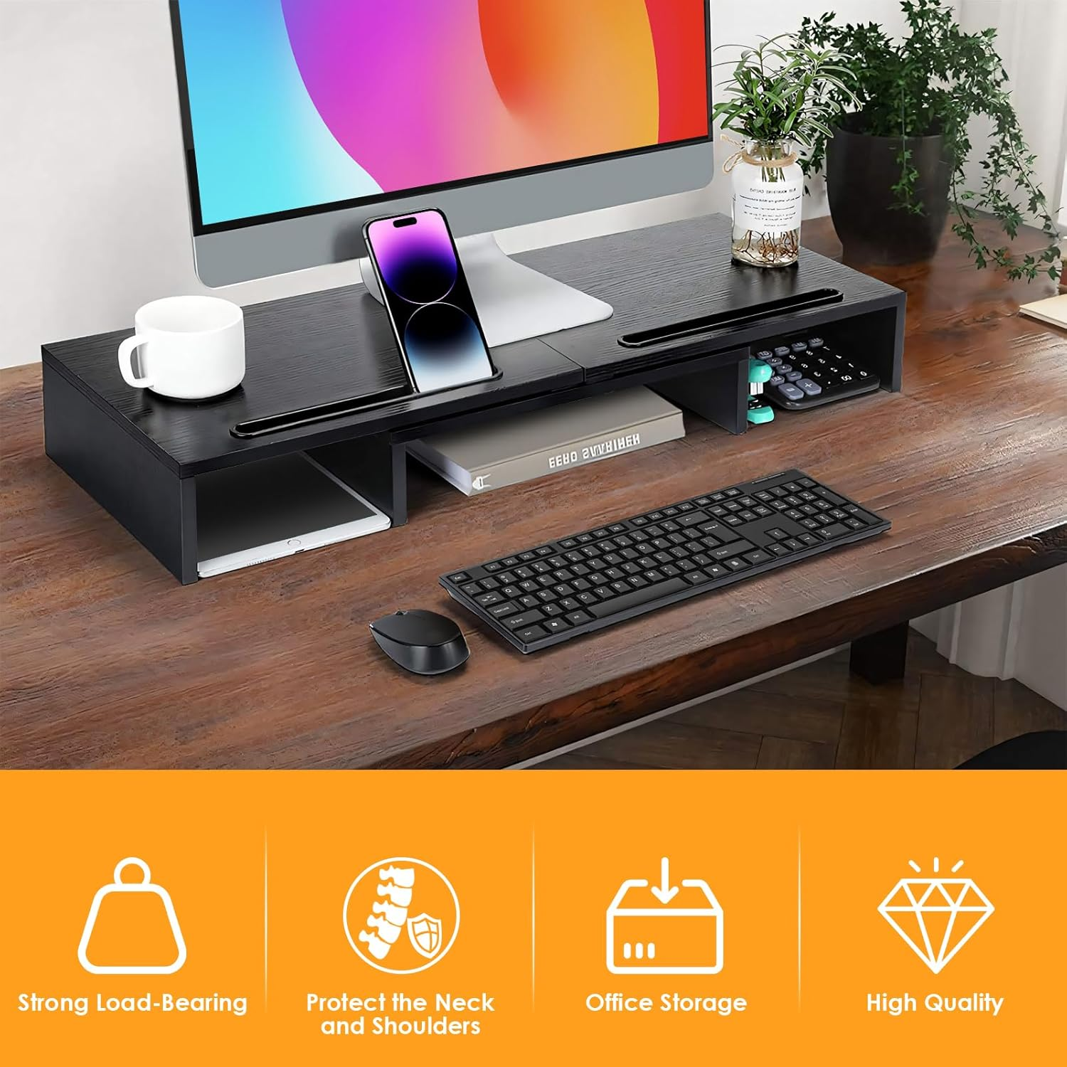 DAWNTREES Dual Monitor Stand Riser 3 Shelf Screen Stand with Adjustable Length and Angle, 2 Extra for PC, Computer, Laptop - Black2 image number 5