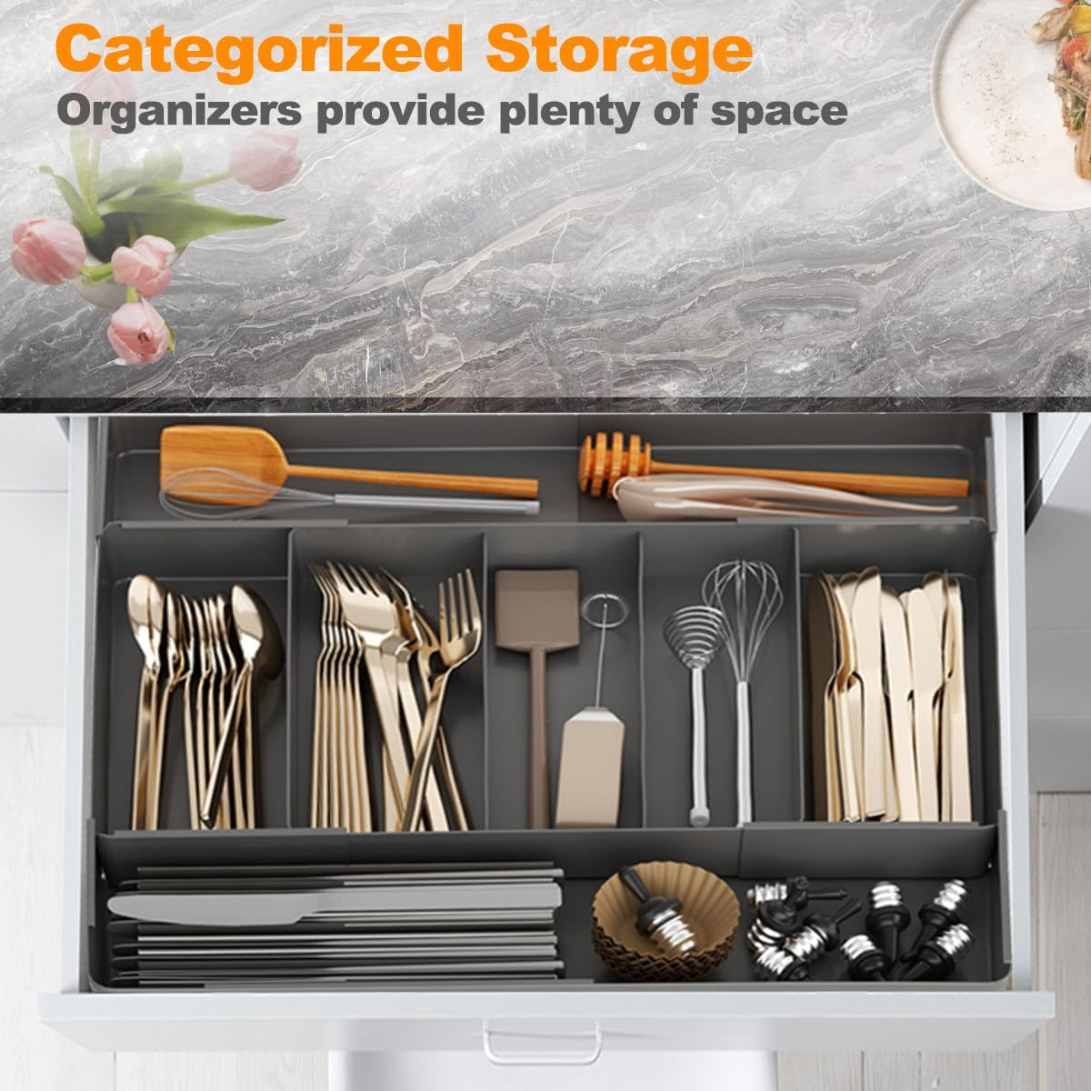 Cutlery Drawer Organiser, Kitchen Drawer Organiser, 4-Sided Telescopic Expandable Cutlery Organiser for Silverware,Cutlery, Accessories or Gadgets,Black image number 2
