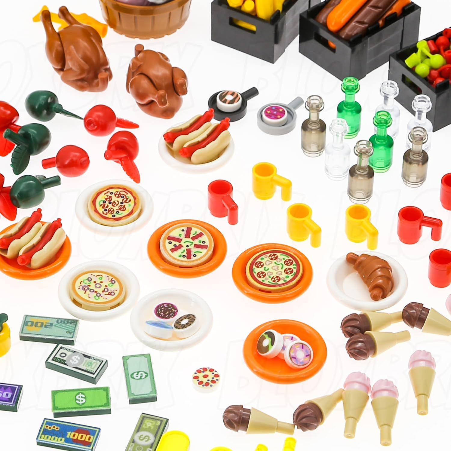 Bloxbrix 180Pcs City-Friends Brick-Food-Pieces -Fruit-Apple-Banana-Pineapple-Cherry Desserts-Ice Cream-Cake-Sweet Cone Picnic-Pizza-Hotdogs-Turkey-Fish-Beer-Money Toys for Extra Bricks image number 2