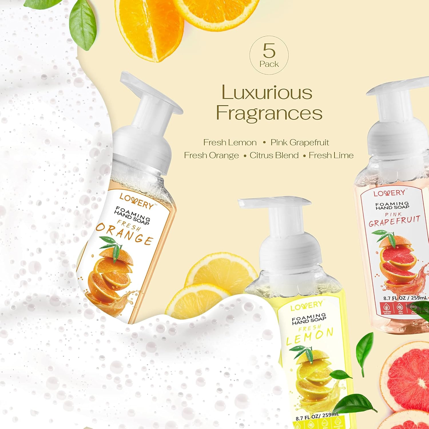 Lovery Foaming Hand Soap - Pack of 5 - Moisturizing Hand Soap with Aloe Vera & Essential Oils - Alcohol-Free Hand Wash in Citrus Blend, Lemon, Orange, Lime, Pink Grapefruit - Scented Hand Wash for Kitchen or Bathroom - Free Swarovski Bracelet image number 2