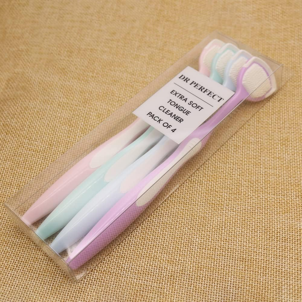 DR PERFECT Soft Tongue Brush Scraper Cleaner Helps Fight Bad Breath Clean Your Tongue without Hurt Pack of 4 (GREEN PURPLE BLUE PINK) - Green Purple Blue Pink image number 5