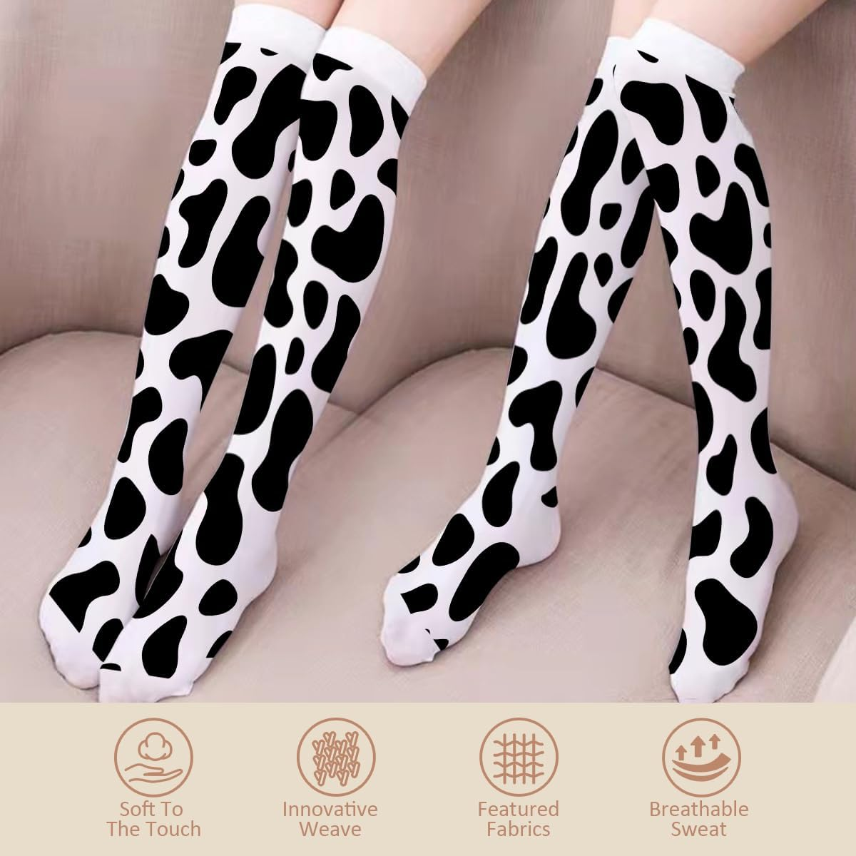 Thigh Knee High Cow Goat Print Socks for Women Compression Black and White Non Slip Long Boot Stocking Thick Warm Girls Fashion Animal Series Stocking Over, Black and White, One Size image number 2