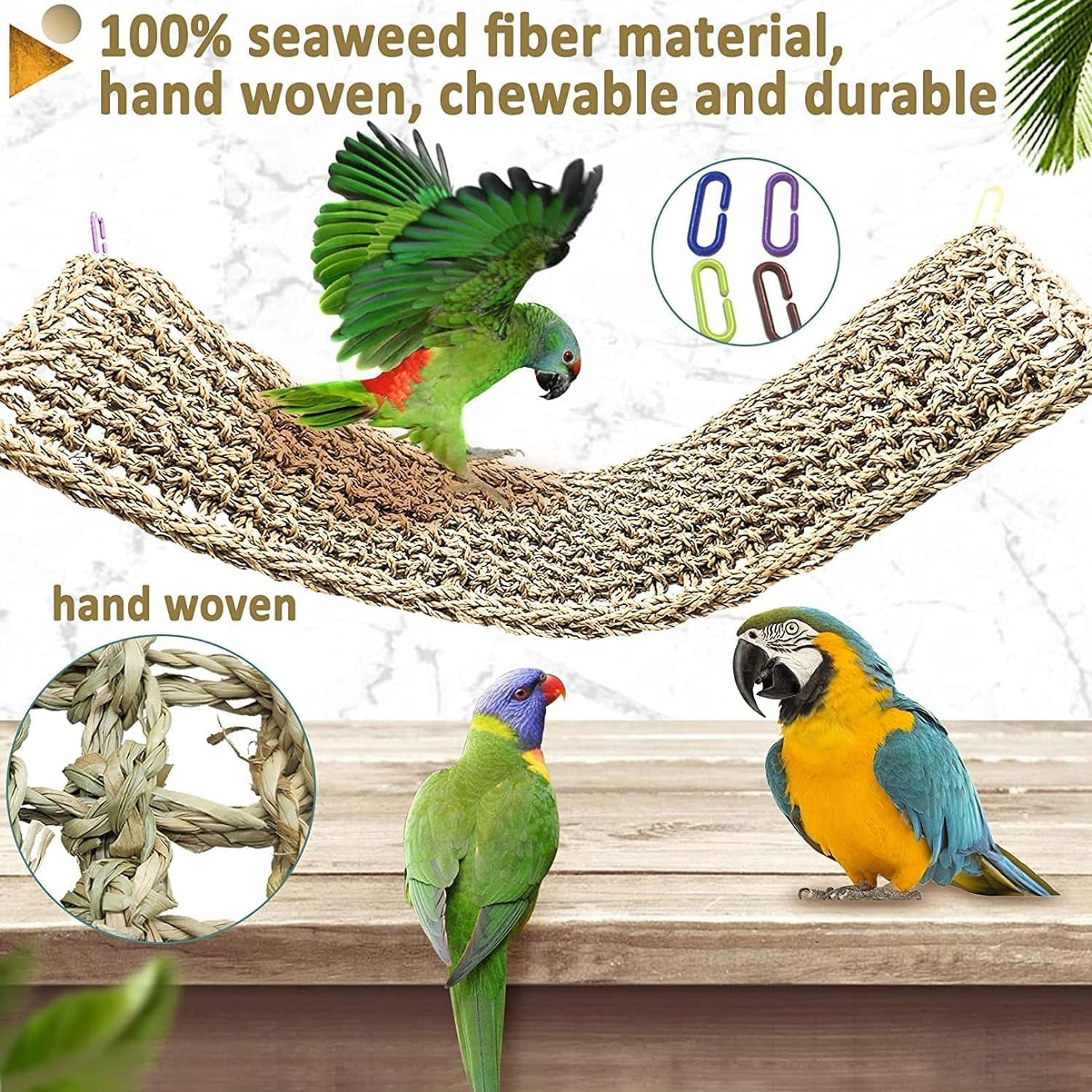 Bird Seagrass Mat,Natural Grass Woven Net Hammock Hanging on Parrot Cage with 4 Hooks,Parakeet Climbing Rope Ladder Chew Toys for Lovebird Cockatiel Conure Budgie,Cockatoo Supplies 29.5" X 7"