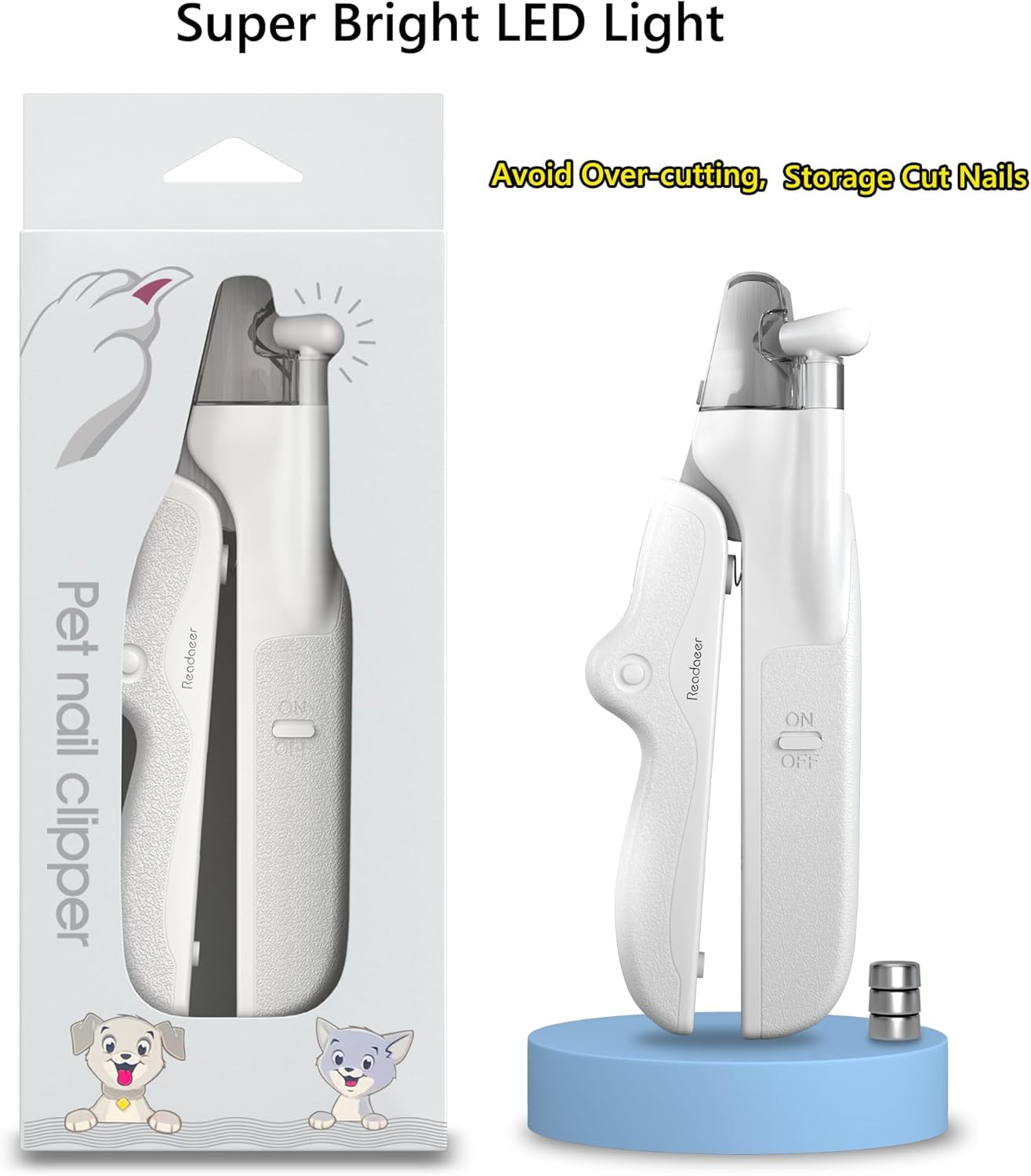 READAEER LED Light Pet Nail Clippers and Trimmers with Safety Guard to Avoid Over-Cutting, Free Nail File, Dog Cat Nail Clippers with Lock Switch (White) image number 5