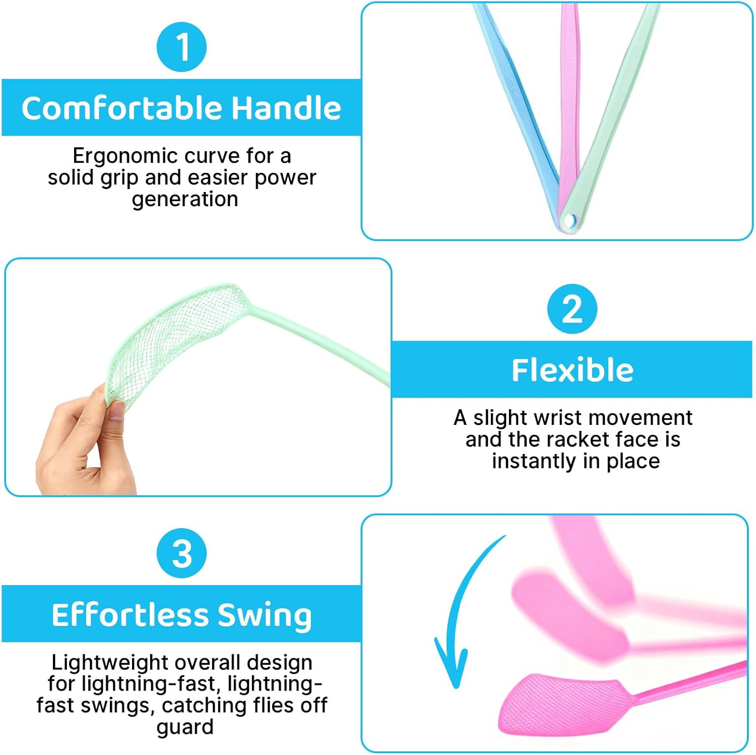 3Pcs Fly Swatter, 16.54 Inch Flexible Long Handle Fly Swat Set, Plastic Manual Mosquito Pest Swatters for Kitchen, Baby Nursery, Camping & Outdoor Activities, 3 Colors image number 5