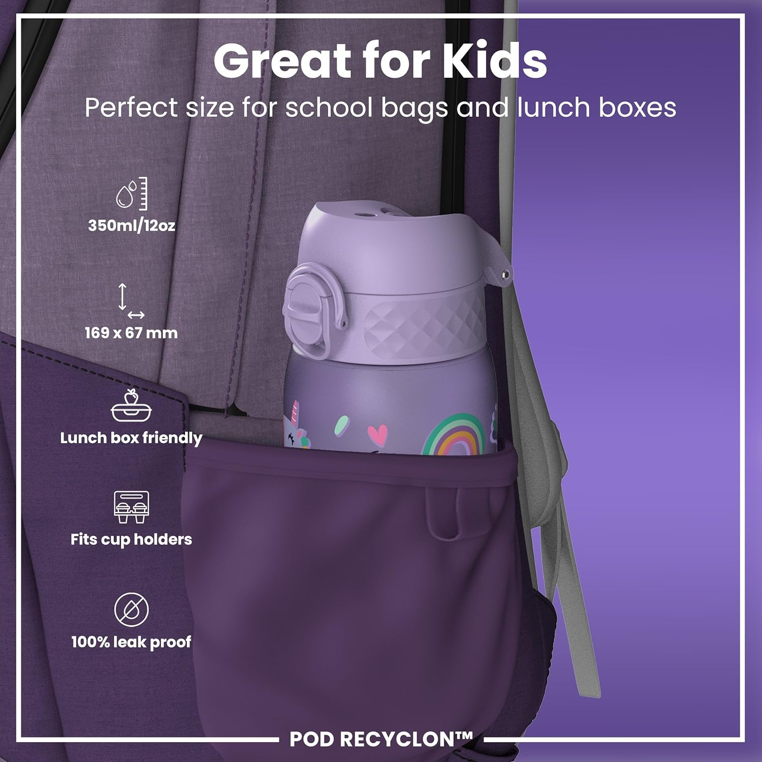 Ion8 Children'S Water Bottle, 350 Ml, Leak-Proof, One-Handed Opening, Secure Locking, Dishwasher Safe, Bpa-Free, Carry Handle, Folding Lid, Easy to Clean, Climate Neutral, Light Purple Unicorns image number 4
