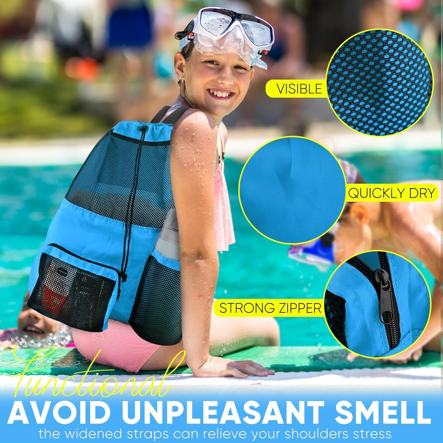 Swim Bag Foldable Mesh Drawstring Bag with Quick-Dry Shoulder Strap Beach Backpack with Wet Pocket for Swimming, Gym, and Workout Gear image number 4