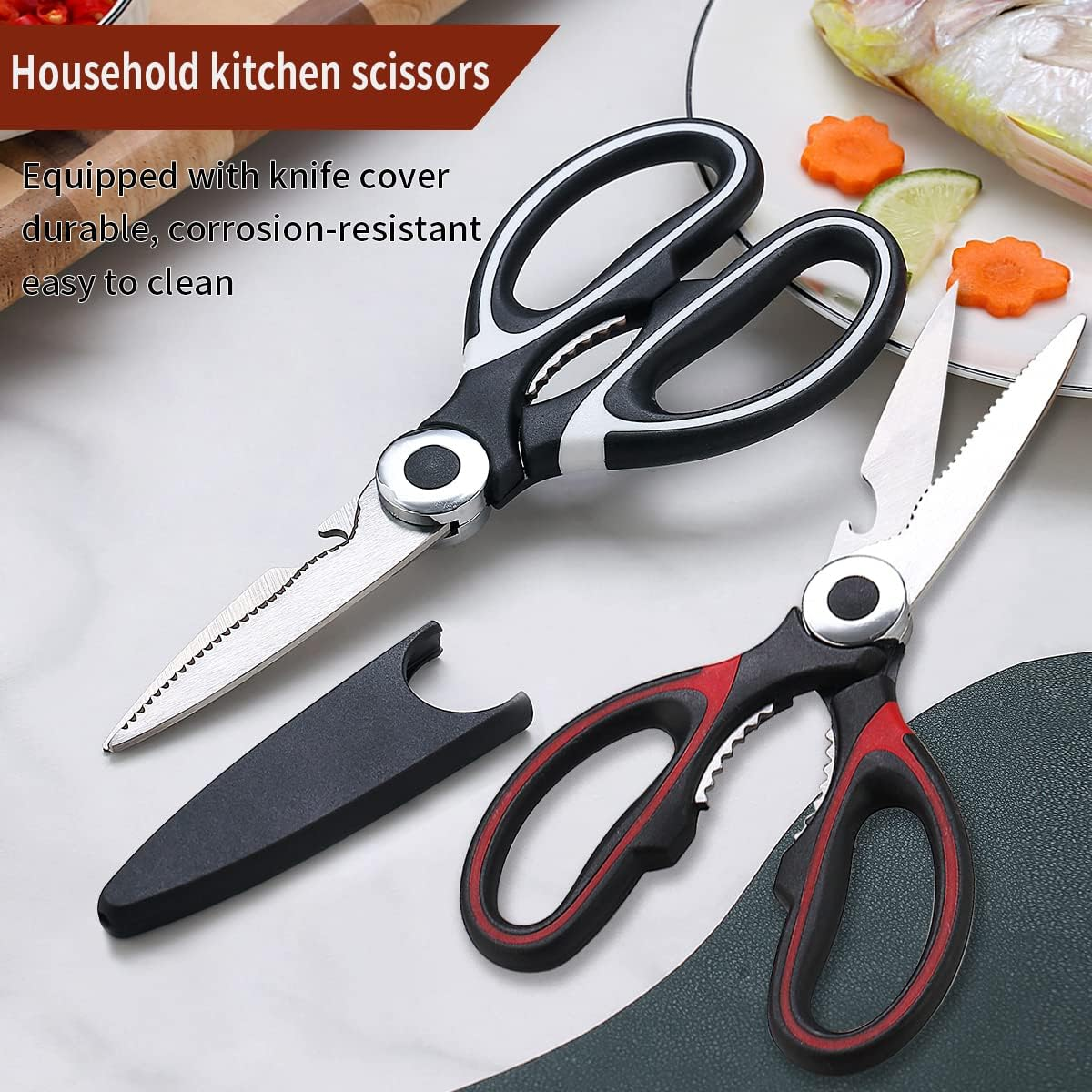 Kyraton Kitchen Scissors Heavy Duty 2 Pieces, Stainless Steel Sharp Cooking Shears with Cover, Multipurpose Cooking Scissors for Meat Chicken Bone Veg Poultry Fish. Dishwasher Safe Food Scissors. image number 3