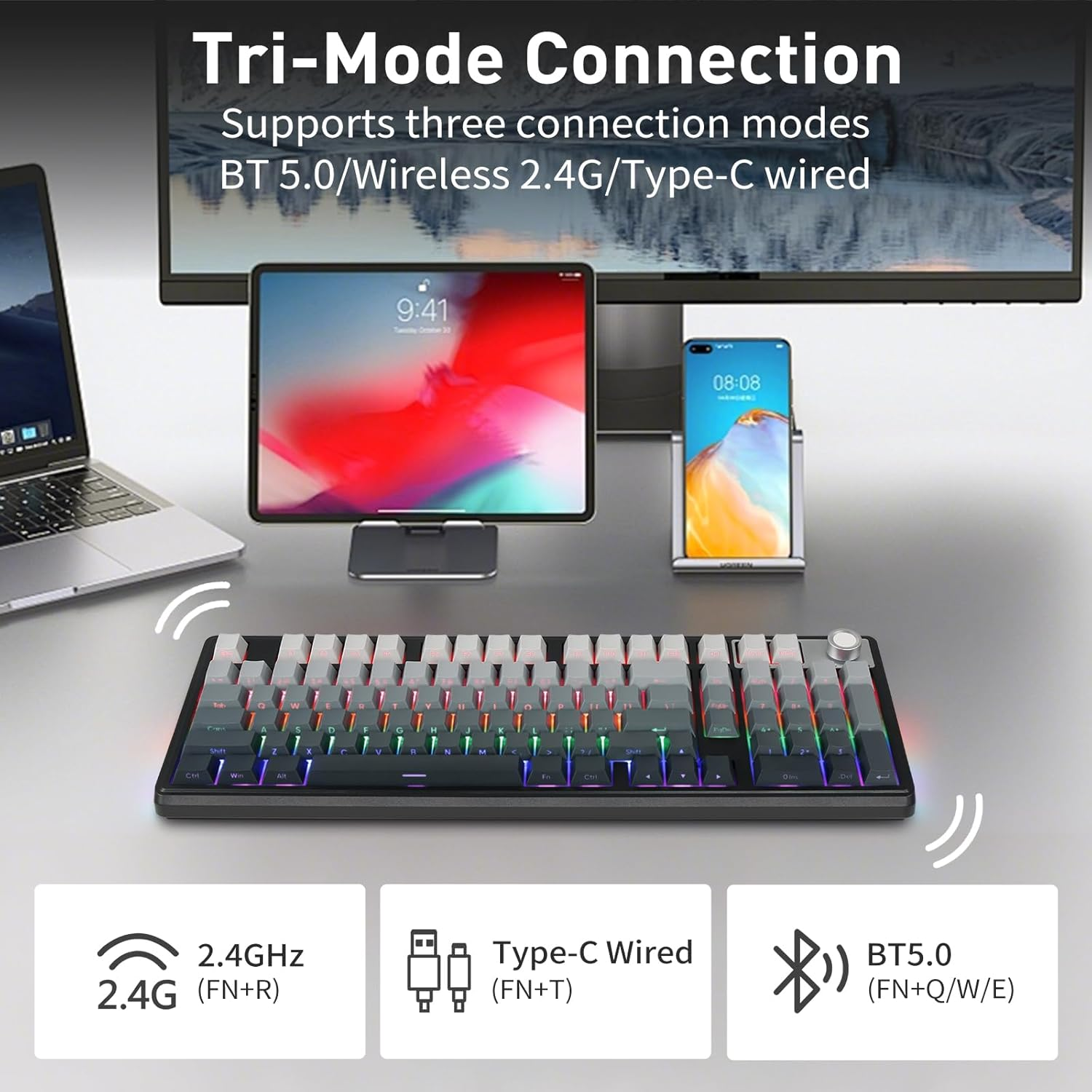 HUO JI Wireless Mechanical Gaming Keyboard with Knob, Bluetooth 5.0/2.4Ghz/Usb-C Wired, Hot Swappable Red Switches, Anti-Ghosting, Led Backlit Sidelit, 96% Computer Keyboard for PC Gamer (Grey)