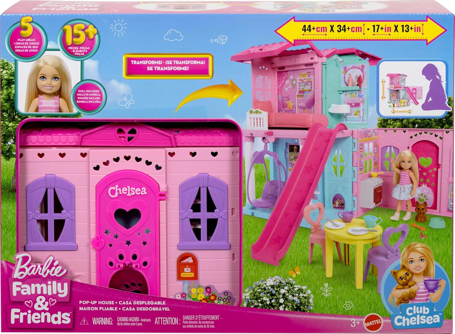 Barbie Chelsea Toy Dollhouse with 15+ Accessories, Pop-Up House Expands to 17+ X 13+ Inches with 5 Play Areas & Slide, Includes Small Doll & Pet Dog image number 4