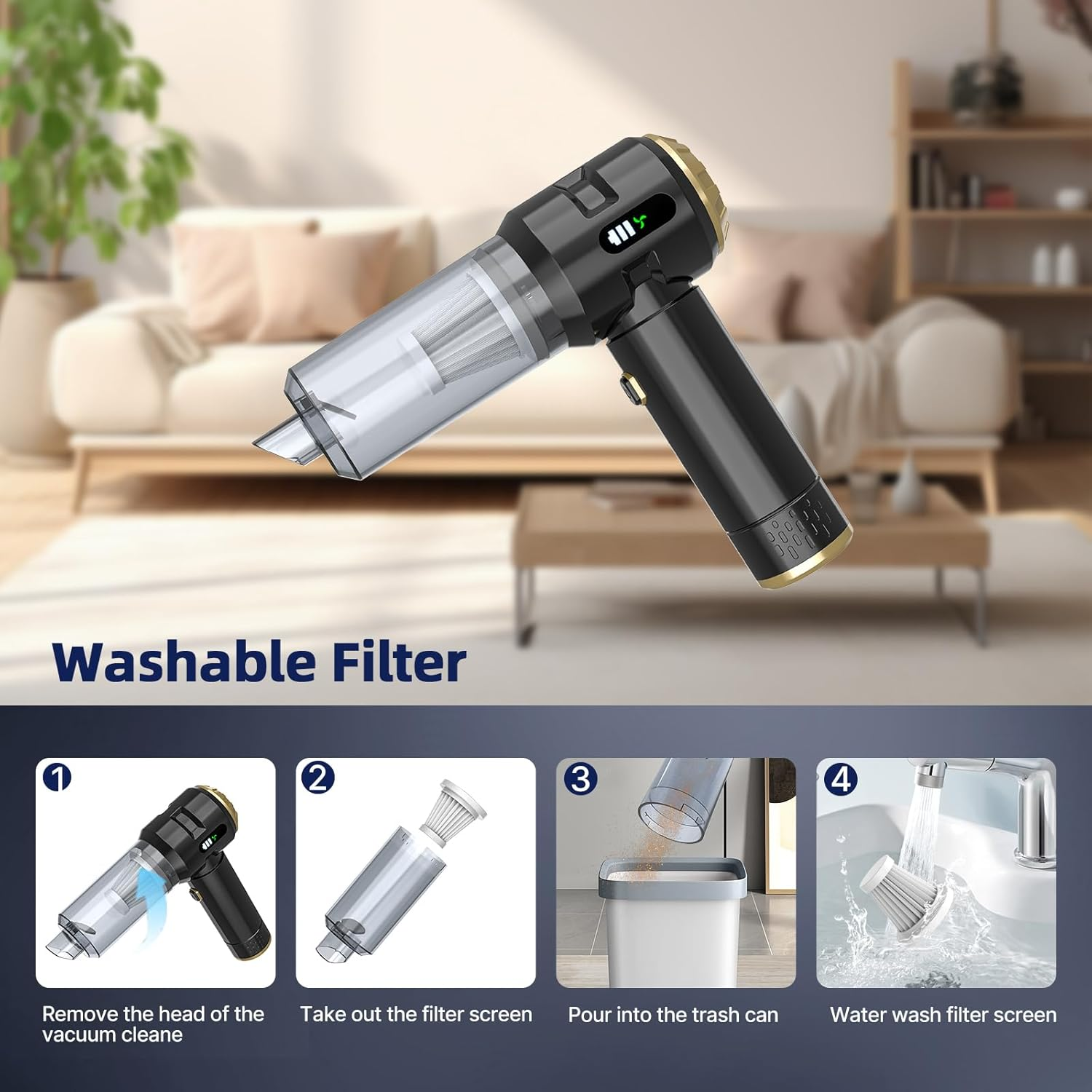 Cordless Handheld Vacuum Cleaner,Rechargeable Portable Lightweight Dust Blower,22000Pa Powerful Suction Mini Car Vacuum Cleaner for Deep Cleaning of Home,Car and Pet Hair(Black-Gold)