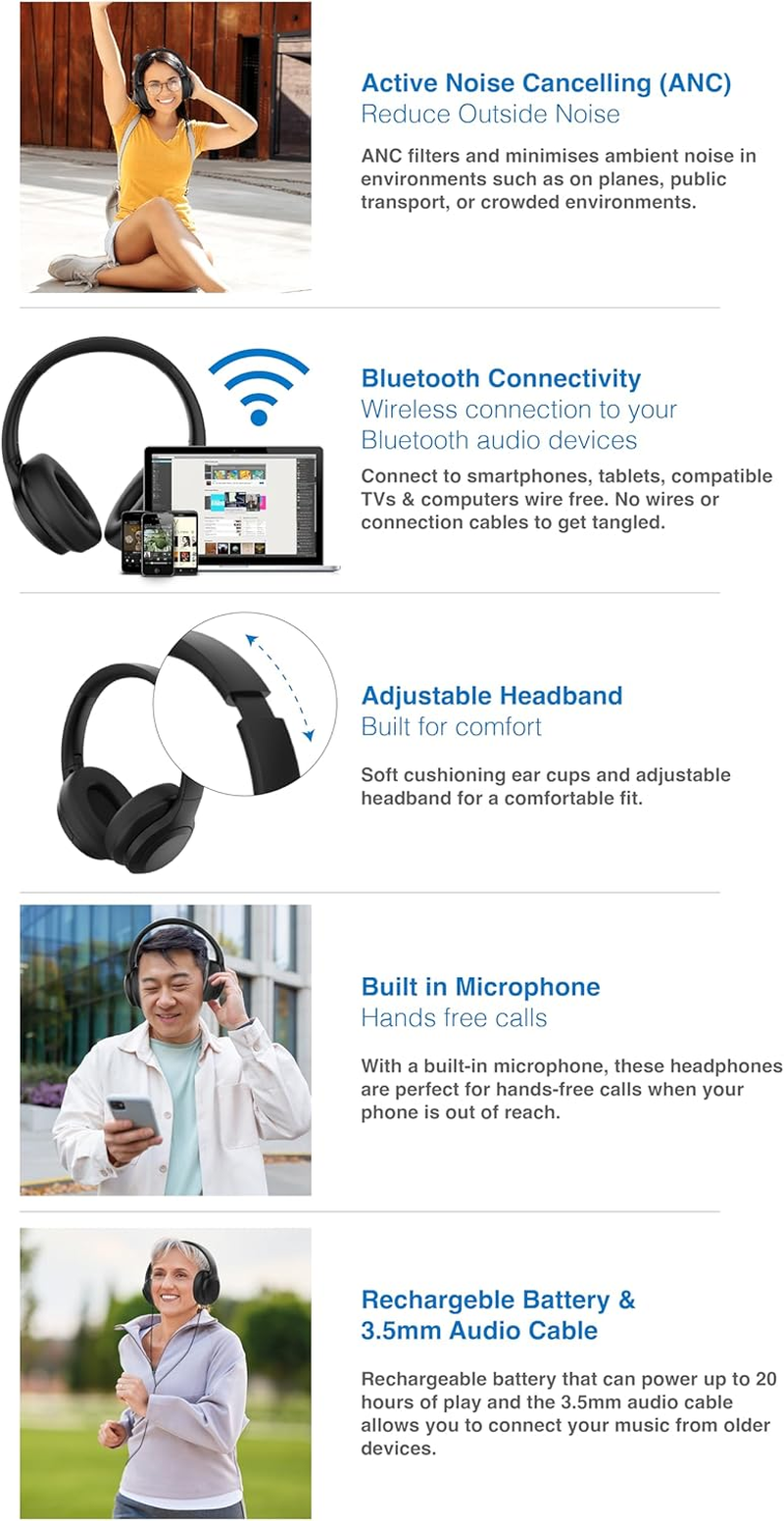 Laser ANC Bluetooth Headphones with 20-Hour Battery, Built-In Microphone, and 3.5Mm Audio Cable - Perfect for Smartphones, Tablets, and Laptops - Black image number 3