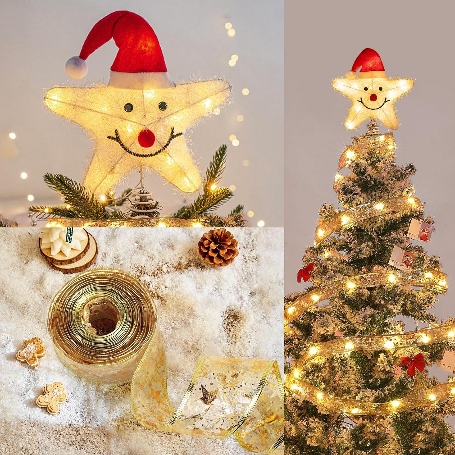 Augshy Gold Christmas Tree Topper Star with 20 Warm White LED Lights and Pearl Beads, Remote Control Star Tree Topper for Christmas Tree Decorations and Xmas Holiday D&eacute;cor (Gold Pearl Angel 20 LED)