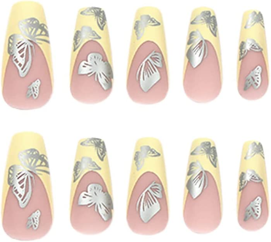 Yellow Ballerina Nails 24Pcs Matte False Nails Extra Long Press for French with Exquisite Butterfly Design Full Cover Fake Nails for Women and Girls image number 2