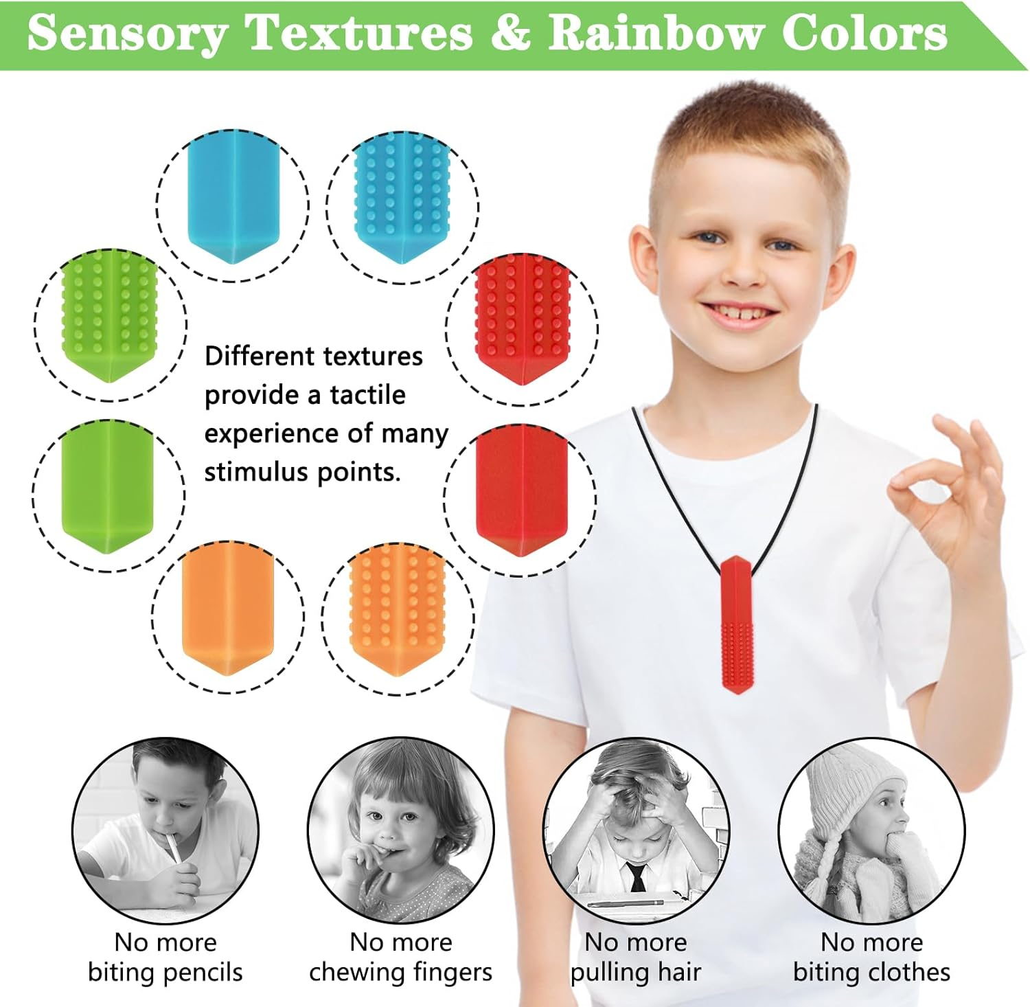 Chew Necklace for Sensory Kids & Adults: 4-Pack Silicone Chew Toys for Autism, ADHD, SPD, and Teething Relief image number 1