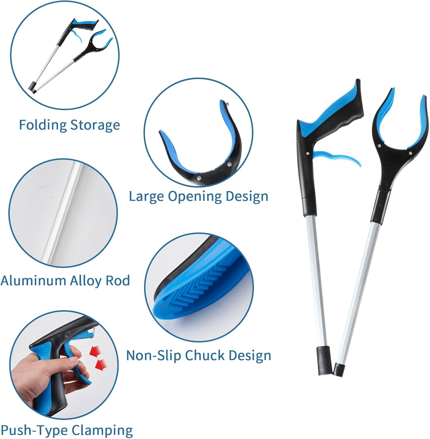 Grabber Reacher Tool, 33" Extra Long Foldable Reacher Grabber Pickup Tool, Trash Picker Upper Grabber, Mobility Aid Reaching Assist Tool for Trash Pick Up, Litter Picker, Arm Extension (Blue)
