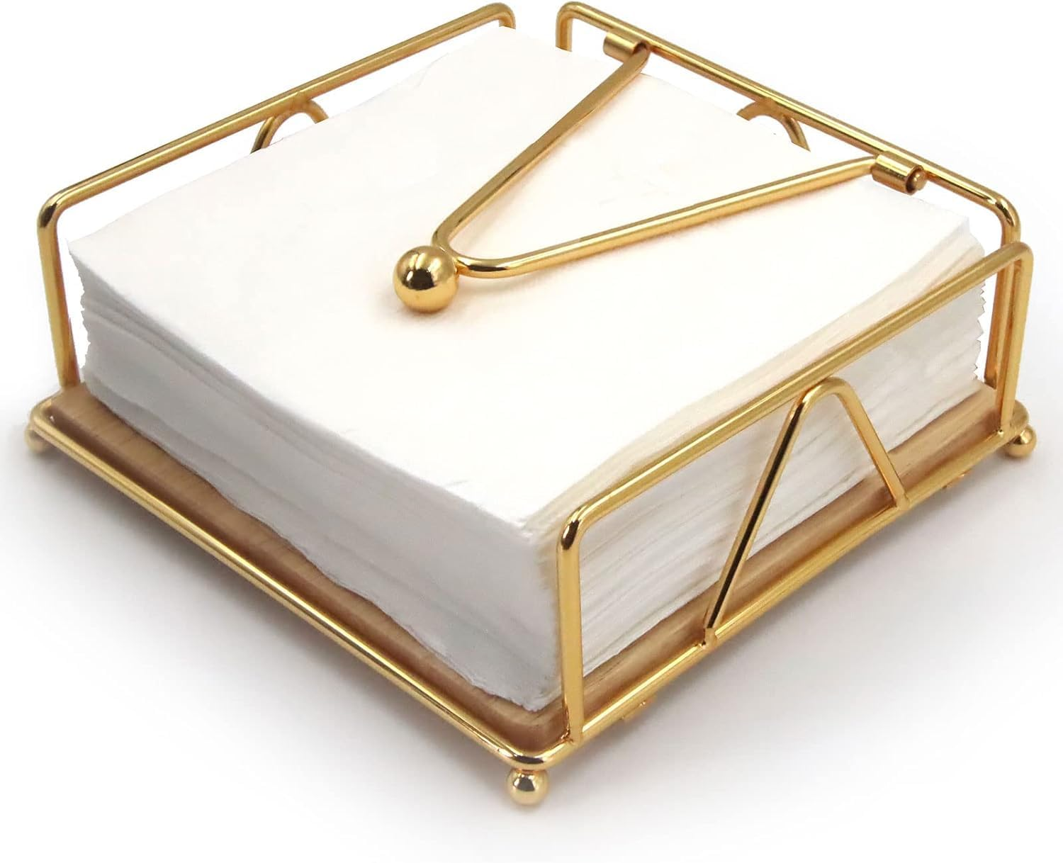 Metal Napkin Holder with Weighted Arm,Metal Napkin Holder with Wooden Base,Square Napkin Holder,Elegant Paper Napkin Dispenser,Metal Flat Napkin Holder for Kitchen Counter, Dining Table (Gold)