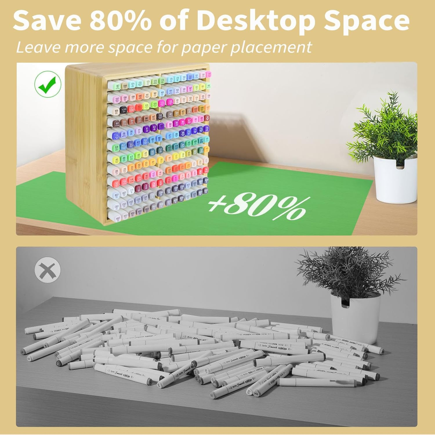 168 Markers Bamboo Marker Organizer, Desk Pencil Holder Markers - Art Marker Storage Rack with 24 Compartments, Vertical Marker Holder Shelf for Acrylic Paint Pens image number 6