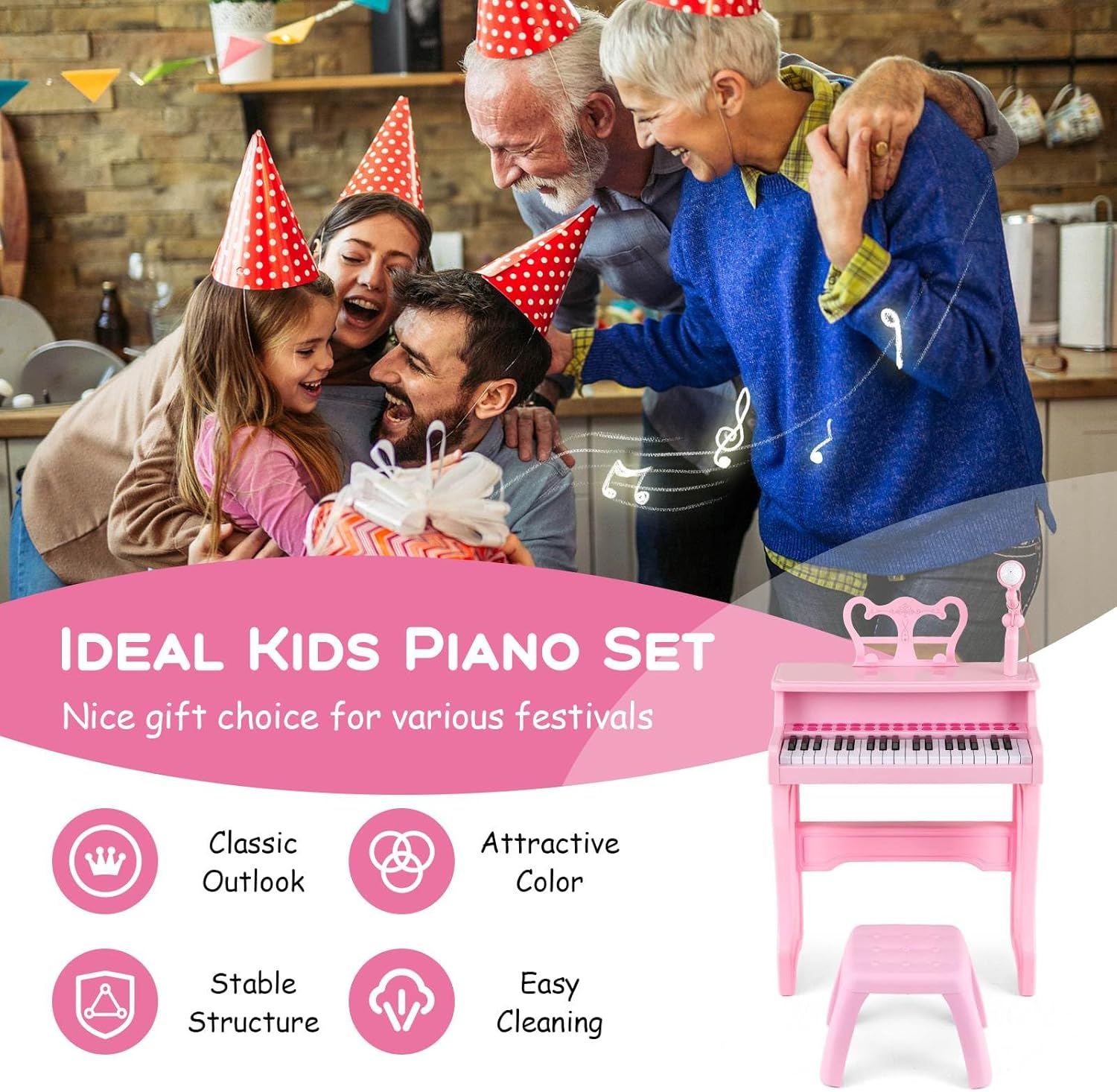 HONEY JOY 37-Key Piano Keyboard Toy, Electronic Musical Instrument W/ Adjustable Microphone, Detachable Music Stand & Matching Stool, Educational Gift for Toddlers Aged 3+ Years Old (Pink) - Style 2, Pink image number 4