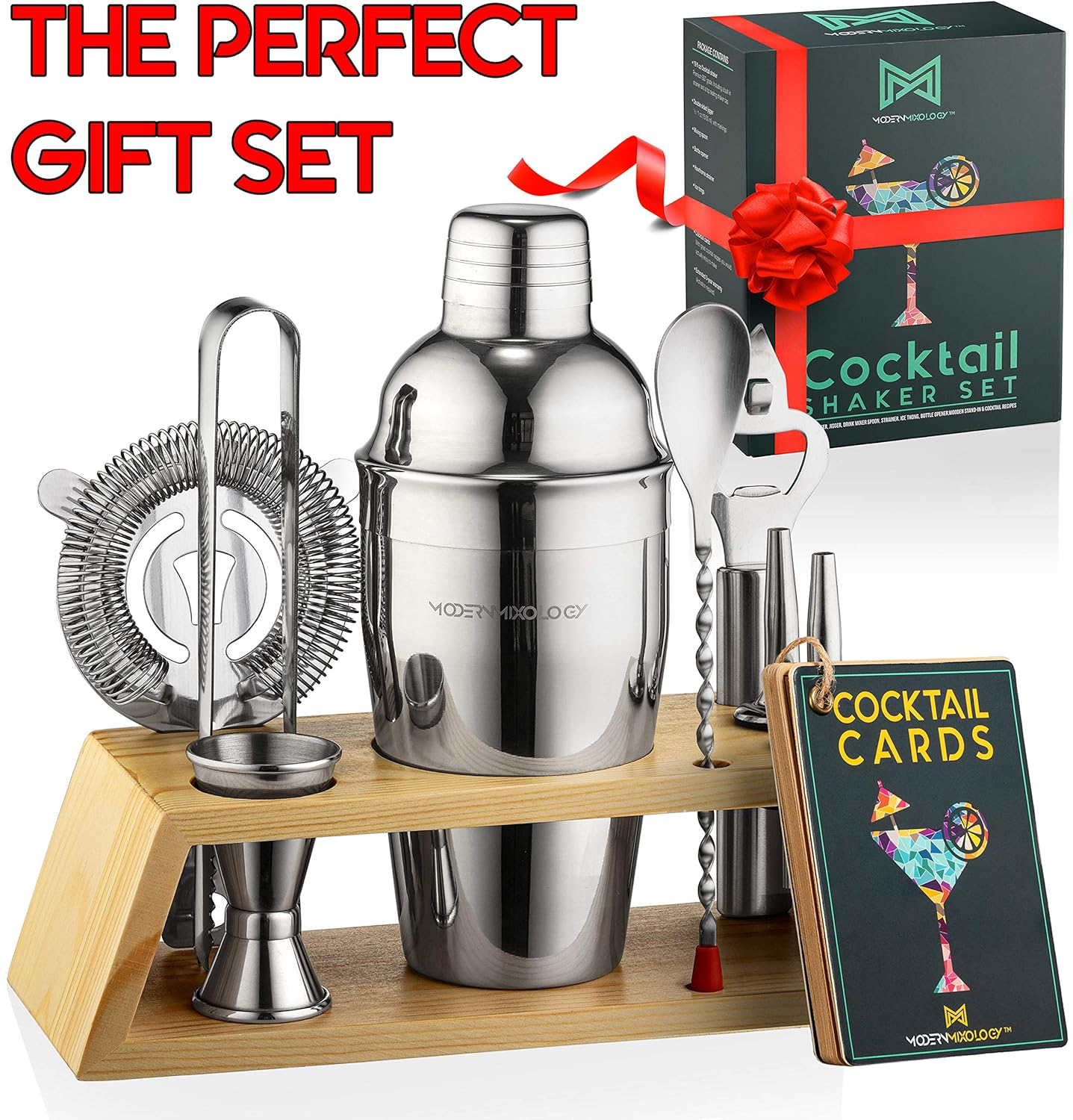 Mixology & Craft Cocktail Shaker Set - Bartender Kit W/Bamboo Stand - Bar Set Includes Martini Shaker, Jigger, Strainer, Tongs, Bar Mixer Spoon, Bottle Opener - Drink Mixing Bar Tools