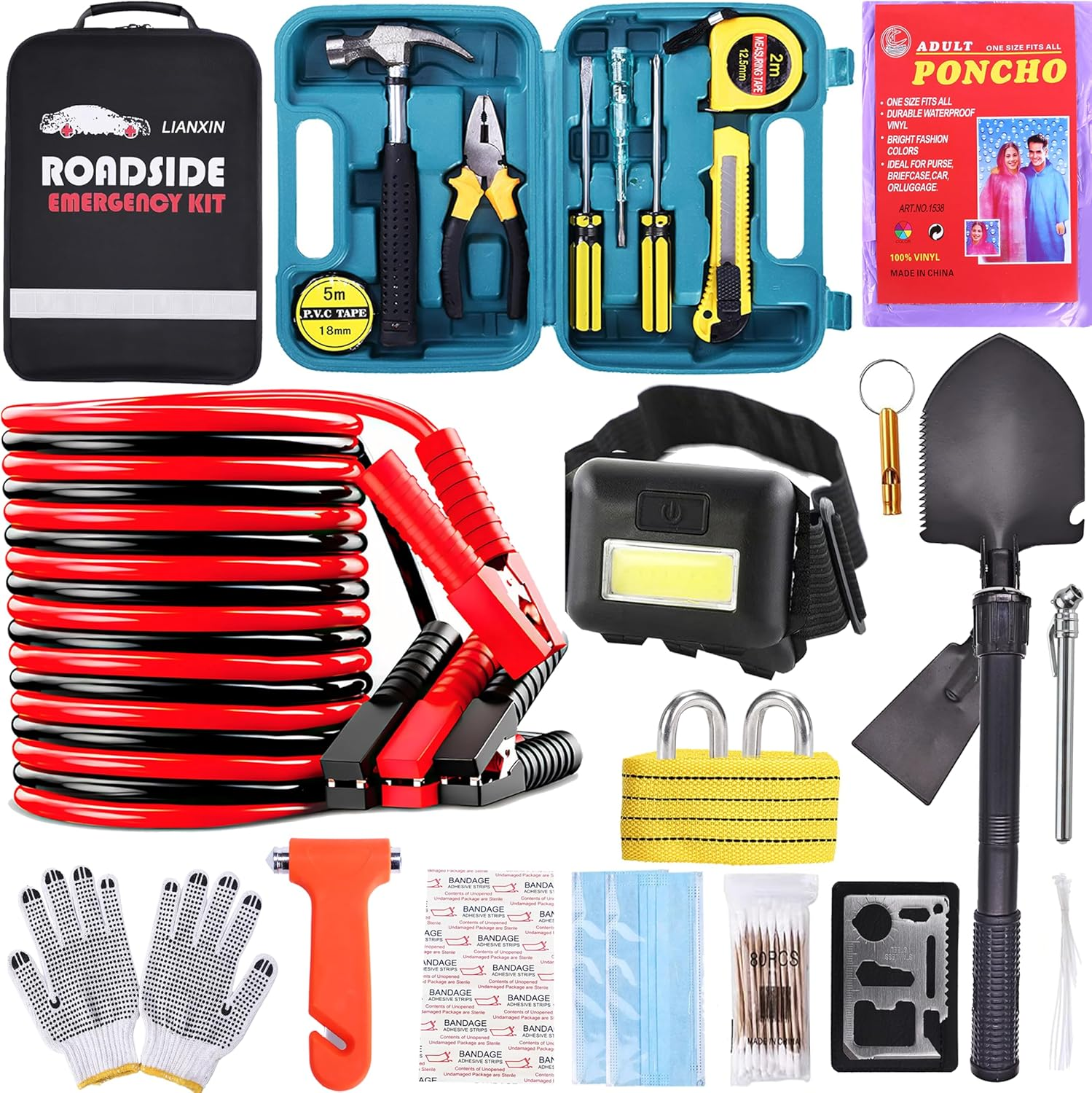 Roadside Assistance Emergency Kit - Multipurpose Emergency Pack Car Premium Road Kit Essentials Jumper Cables Set (8 Foot) Automotive Roadside Assistance 142 Pieces Winter Car Kit