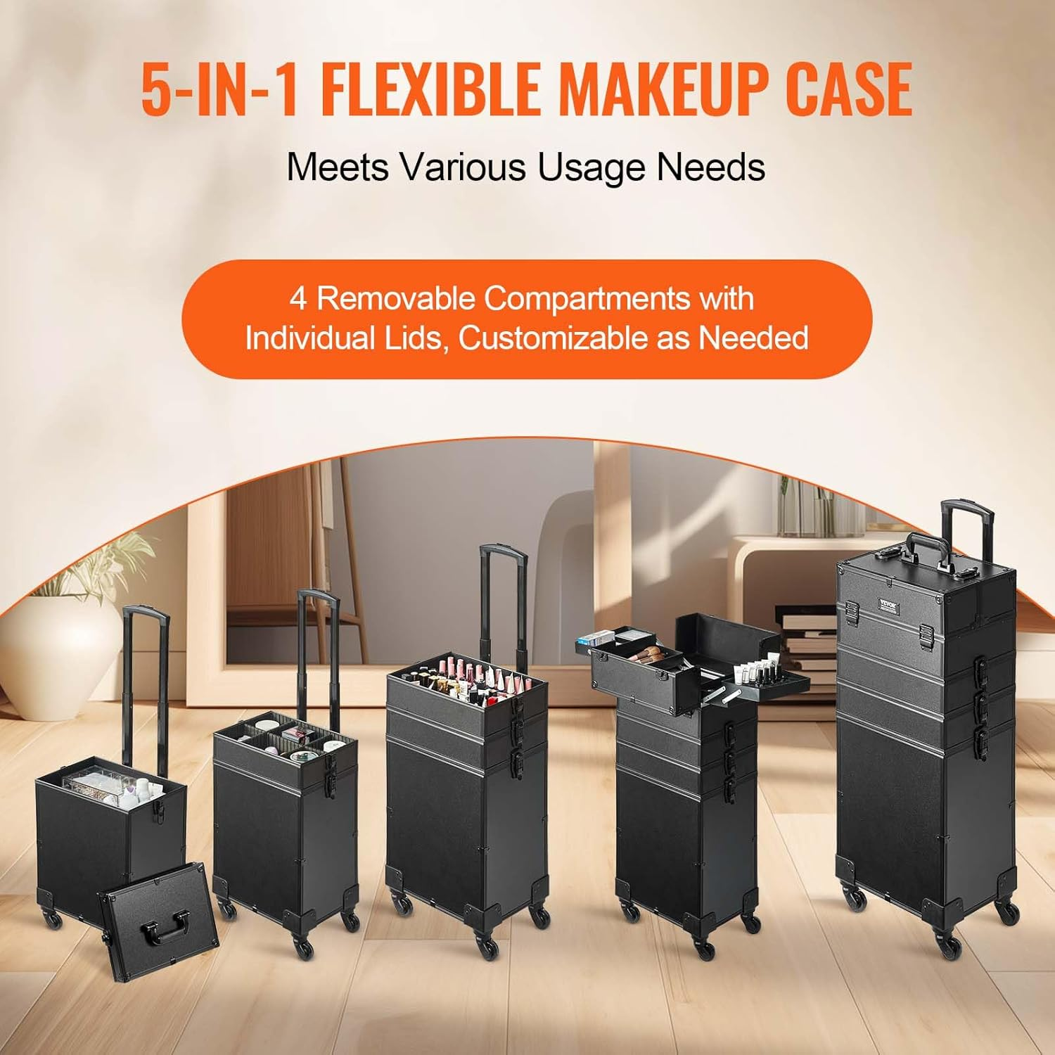 VEVOR Makeup Train Case Professional Makeup Storage Organizer Box Make up Carrier for Women and Girls image number 5