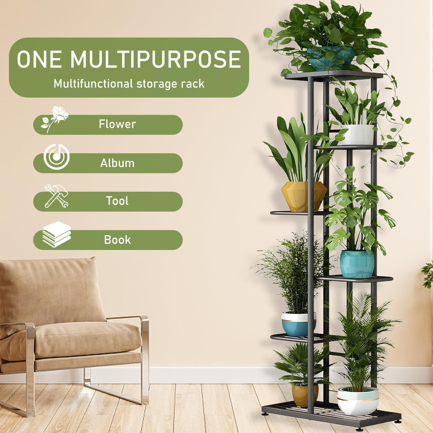 Uandhome 6 Tier Plant Stand,Metal 7 Potted Multiple Flower Pot Holder Shelf,Planter Display Shelving Unit for Indoor Outdoor Patio Garden Corner Balcony Living Room (6 Tier 7 Potted) image number 5