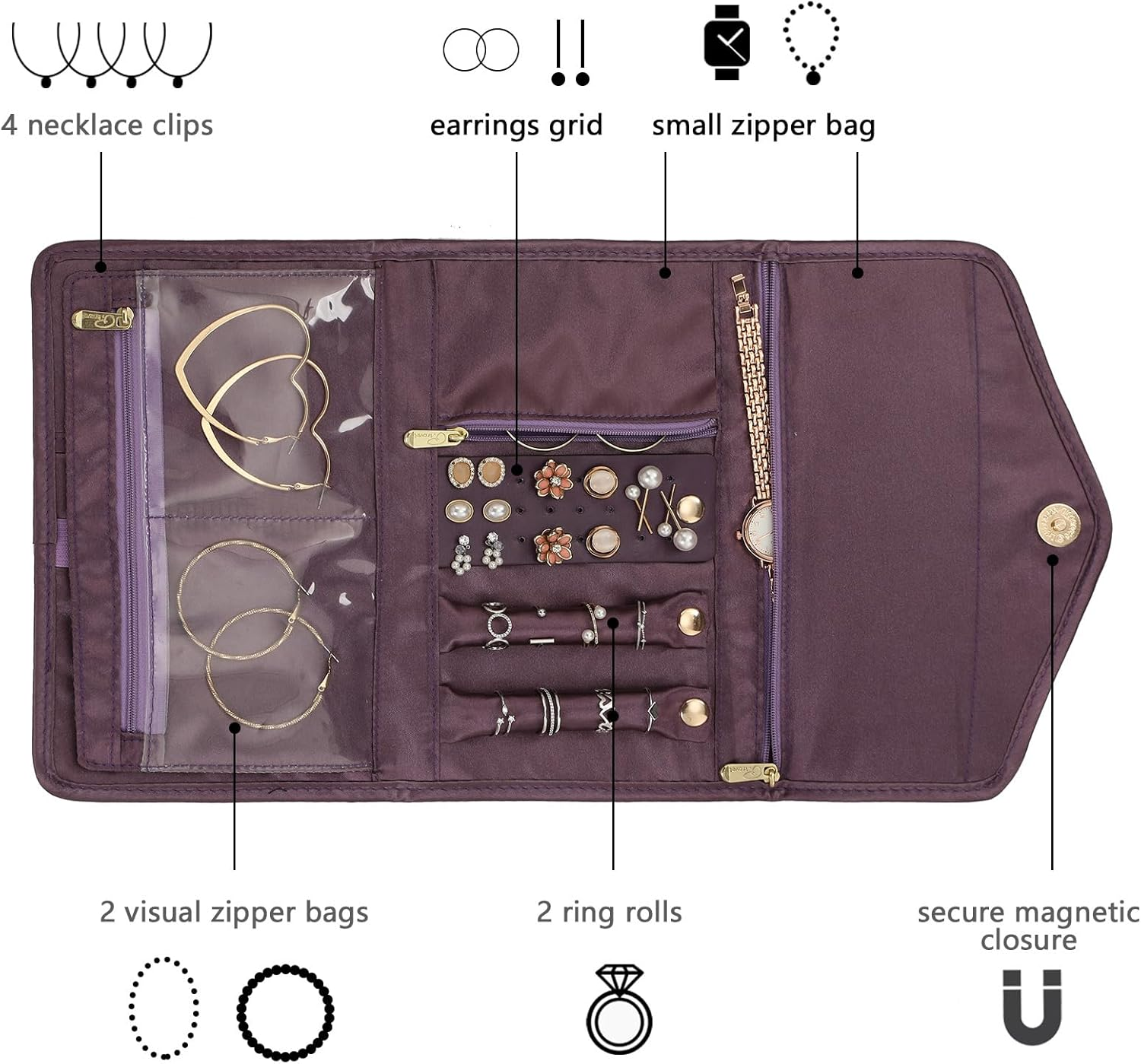 Jewelry Rolls, Travel Jewelry Organizer Roll, Foldable Jewelry Case, Women Jewelry Storage Bag for Journey-Rings, Necklaces, Earrings, Bracelets, Watches, Brooches by Vanfn P.Travel Series image number 6