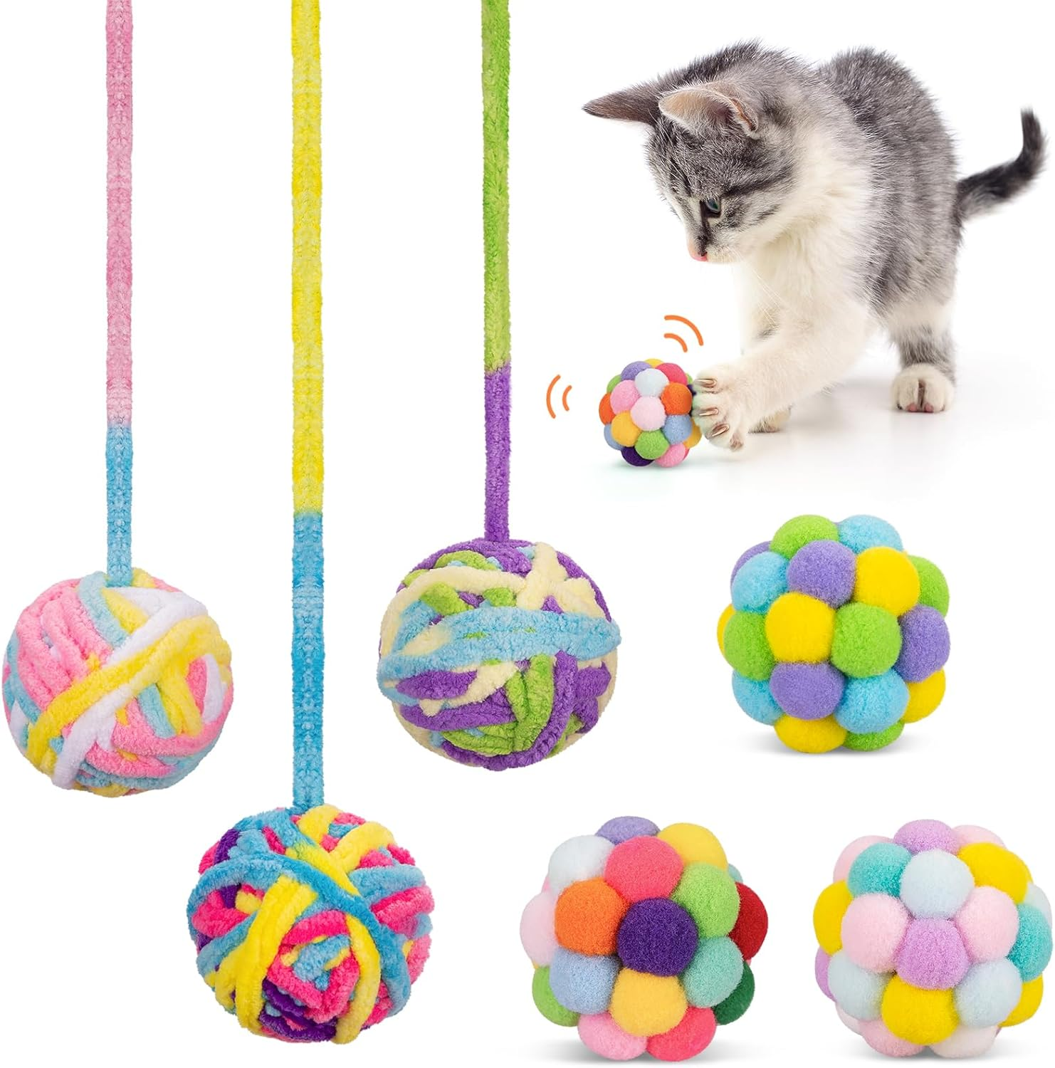 Retro Shaw Cat Toys Ball 6 Pcs,Yarn Cat Balls with Bells Inside,Interactive Kitten Toys for Indoor Kitten Chew,Kitty Toys Fuzzy Ball with String image number 3