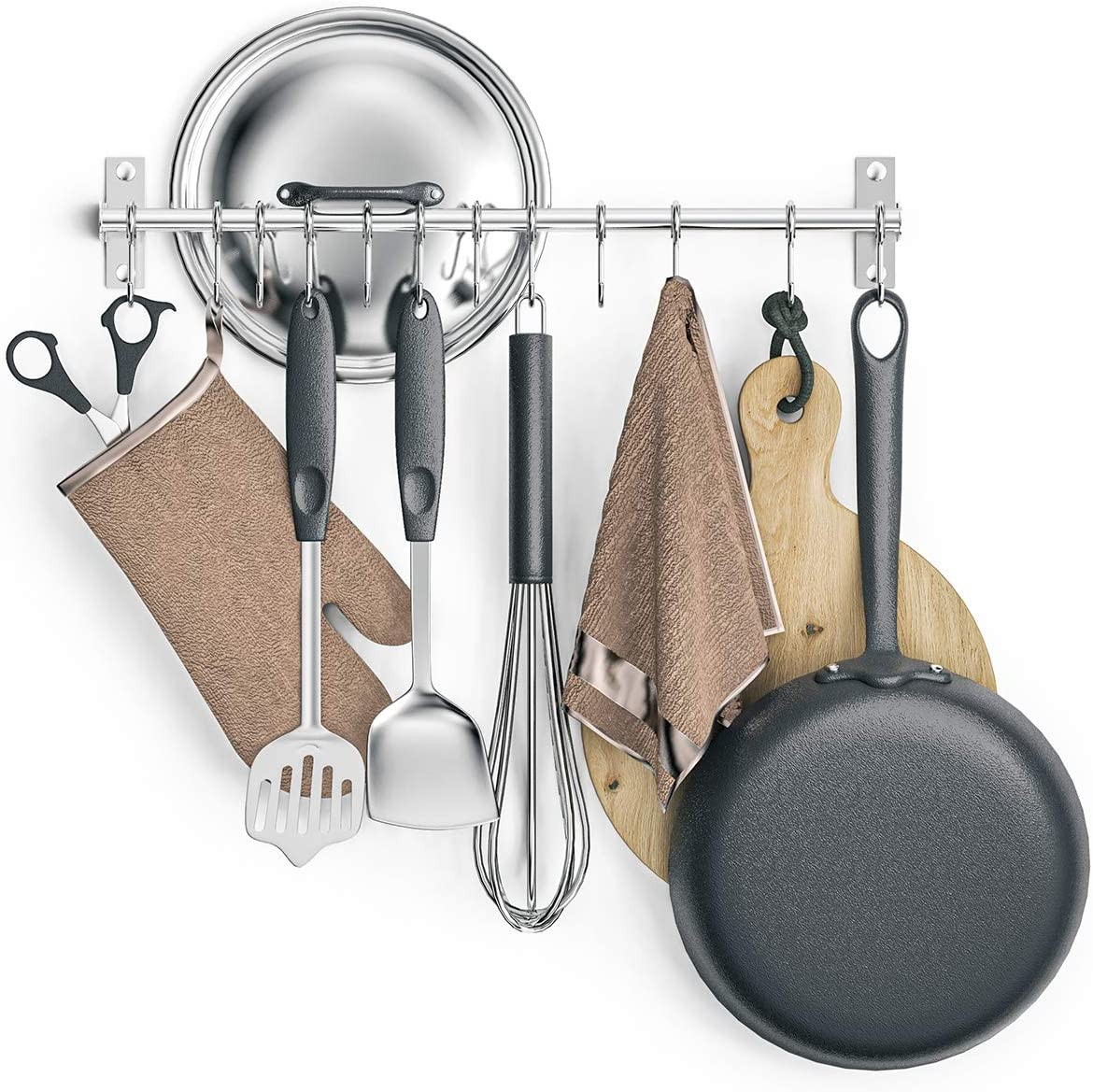 Booxihome Wall Mounted Utensil Rack, Stainless Steel Hanging Kitchen Rail with 12 Removable Hooks, Hanger Organizer for Utensil 50Cm(20") image number 5