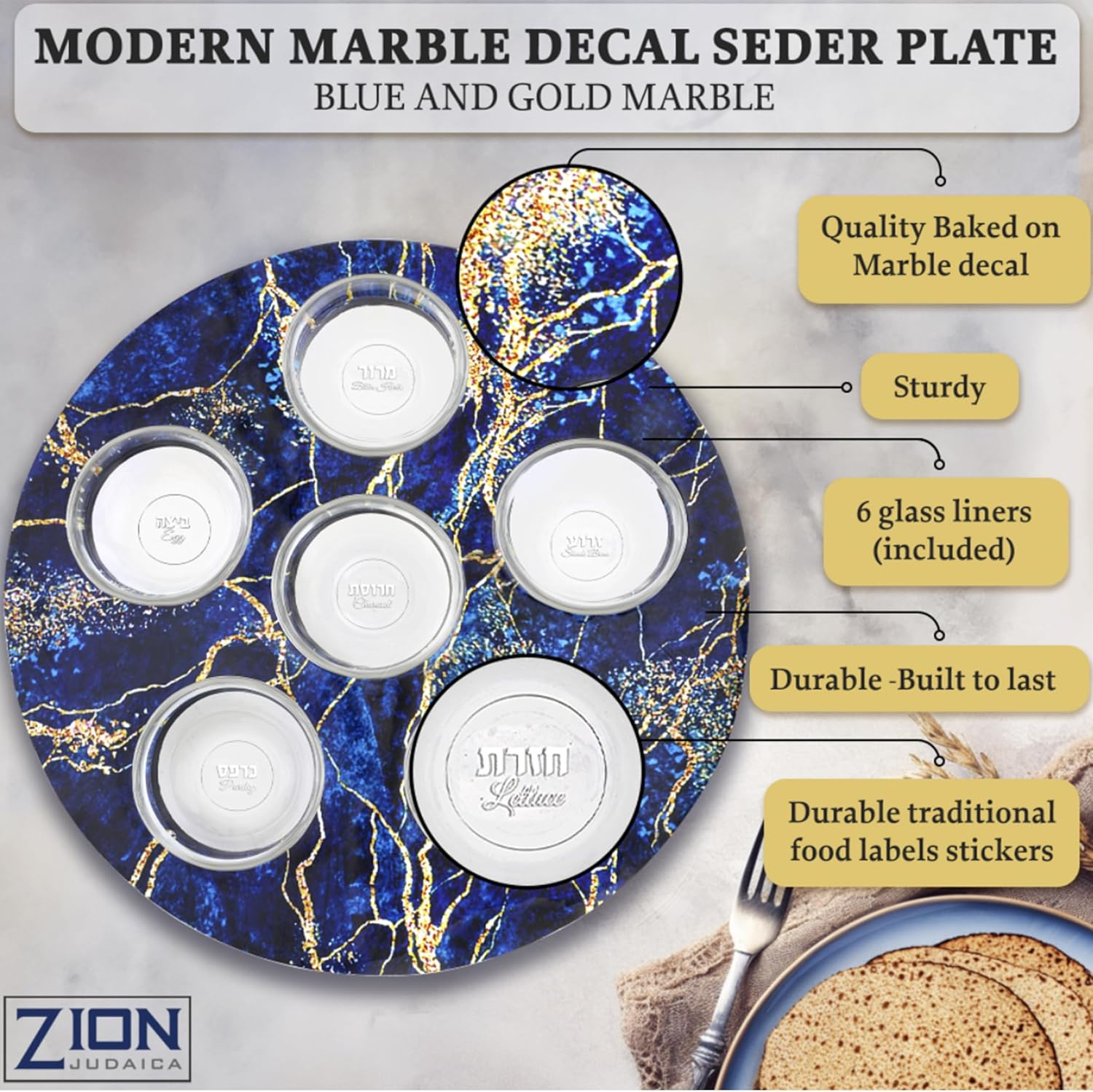 Zion Judaica Decorative Passover Seder Plate Artistic Blue and Gold Marble Decal Passover Seder Tray with 6 Glass Liners Marked with Seder Symbolic Seder Foods Pesach Dishware image number 5