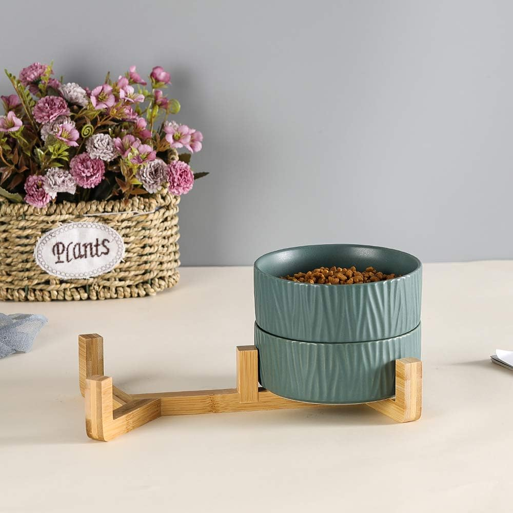 Green Ceramic Cat Dog Bowl Dish with Wood Stand No Spill Pet Food Water Feeder Cats Dogs Set of 2 image number 4