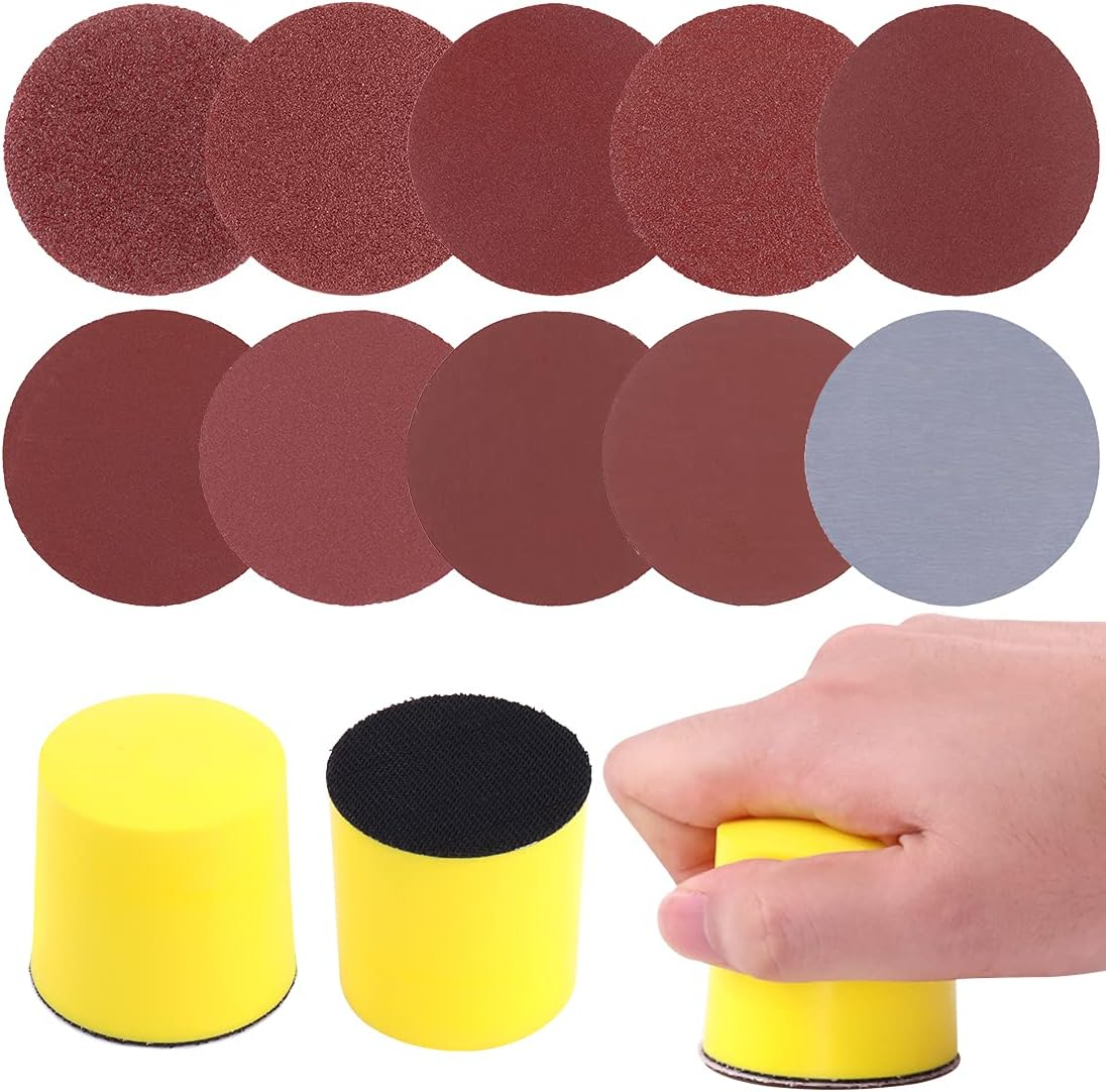 Glarks 102Pcs 2 Inch Hook and Loop Hand Sanding Block round Sanding Pad Hook Backing Plate with 100Pcs Hook and Loop Sanding Disc Set for Craft, Woodworking, Furniture Repairing (2 Inch) image number 6