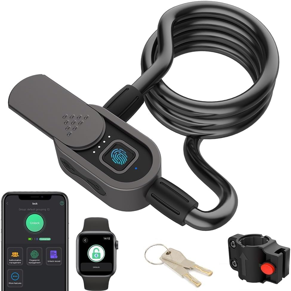 Fingerprint Cable Lock with Key Waterproof Bicycle Lock Elinksmart 150Cm Steel Cable Lock for Bike Scooter Motorcycle Door Fence Gate Phone App and Ios Watch Unlock USB C Charging image number 3